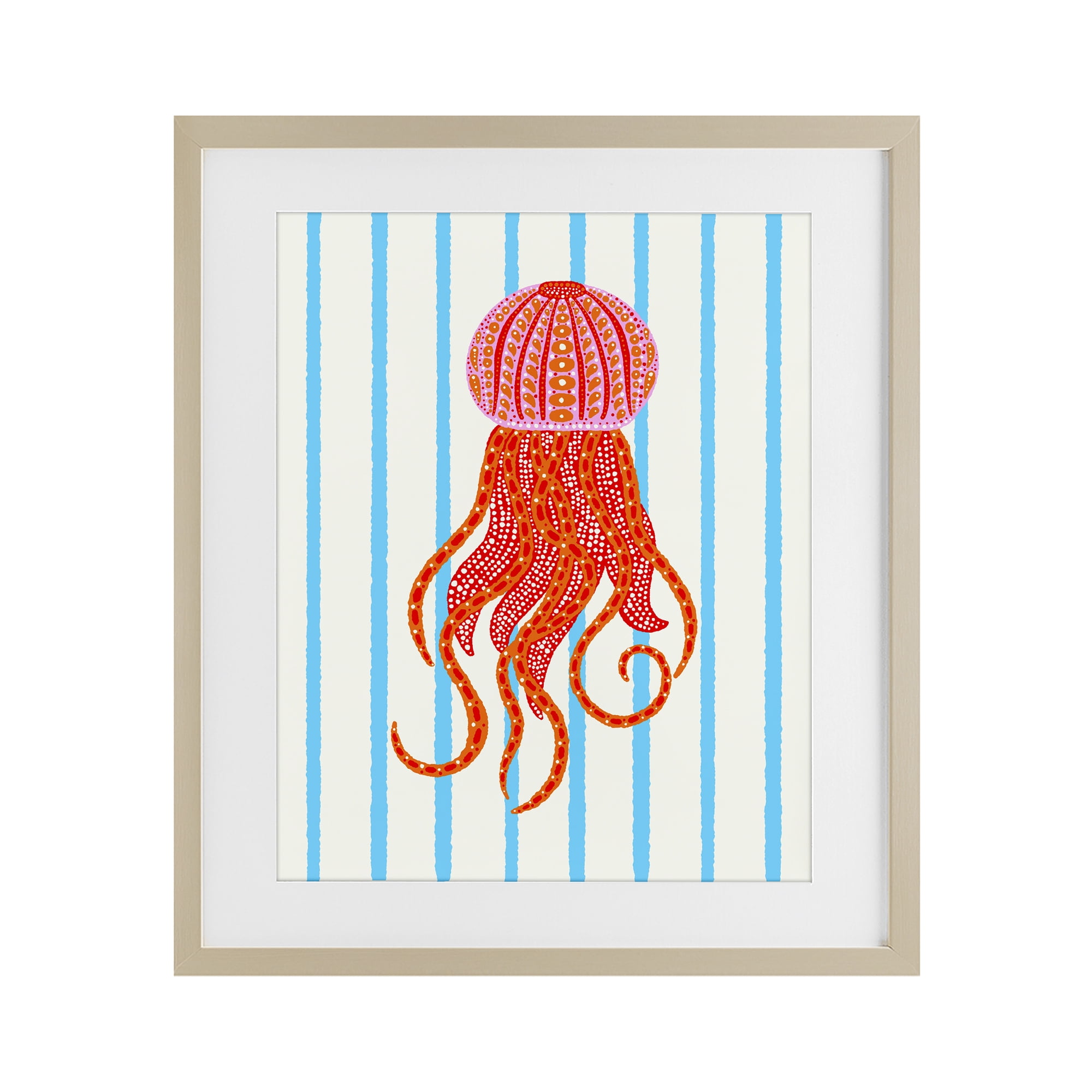 Stupell Industries Bright Aquatic Jellyfish on Stripes Birch Framed Print Under Glass, design by Indira Prieto | IndySign