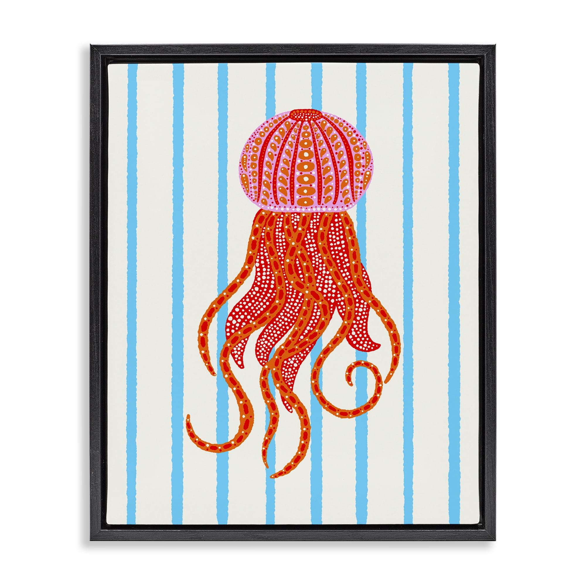 Stupell Industries Bright Aquatic Jellyfish on Stripes Black Framed Floater Canvas Wall Art, design by Indira Prieto | IndySign