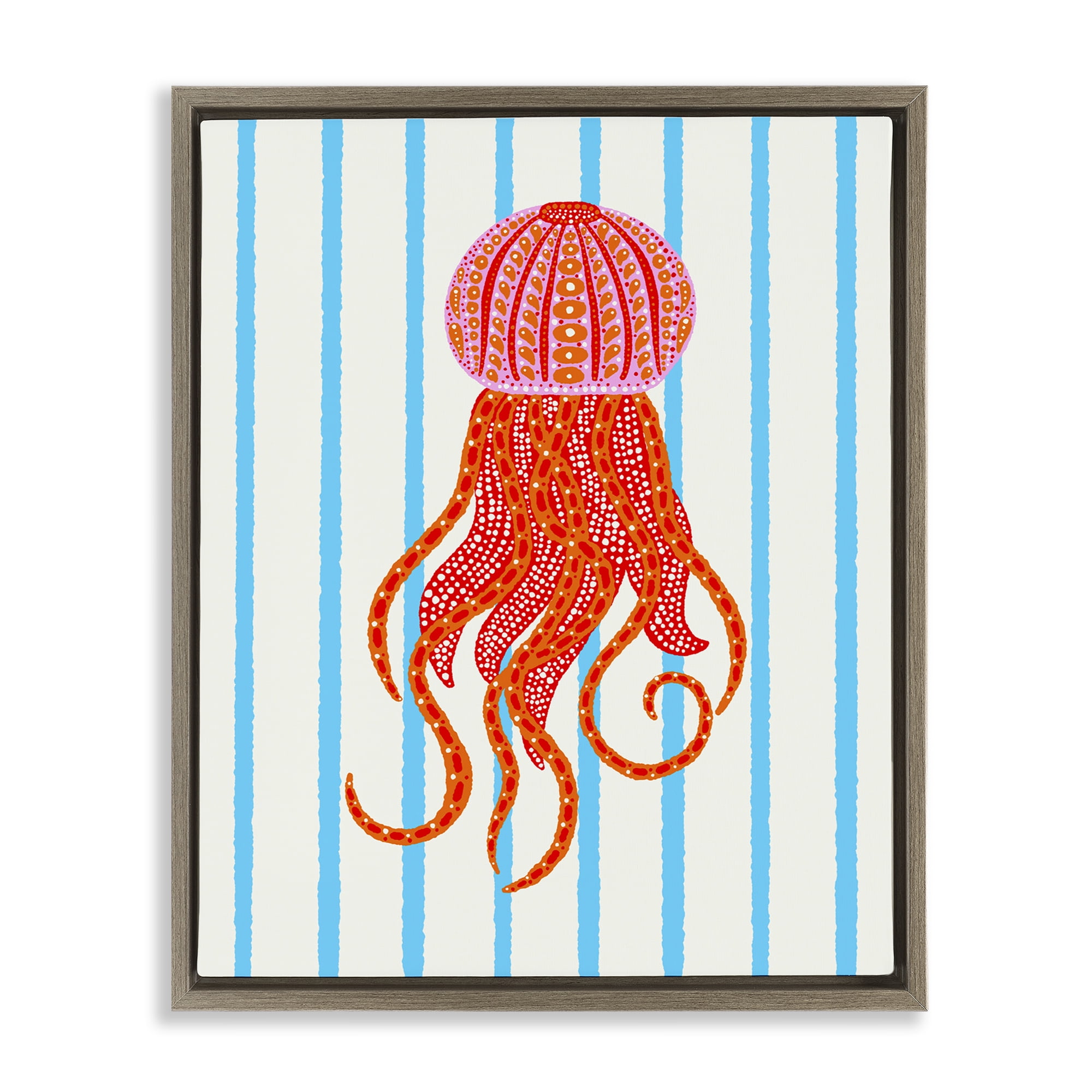 Stupell Industries Bright Aquatic Jellyfish on Stripes Brown Framed Floater Canvas Wall Art, design by Indira Prieto | IndySign