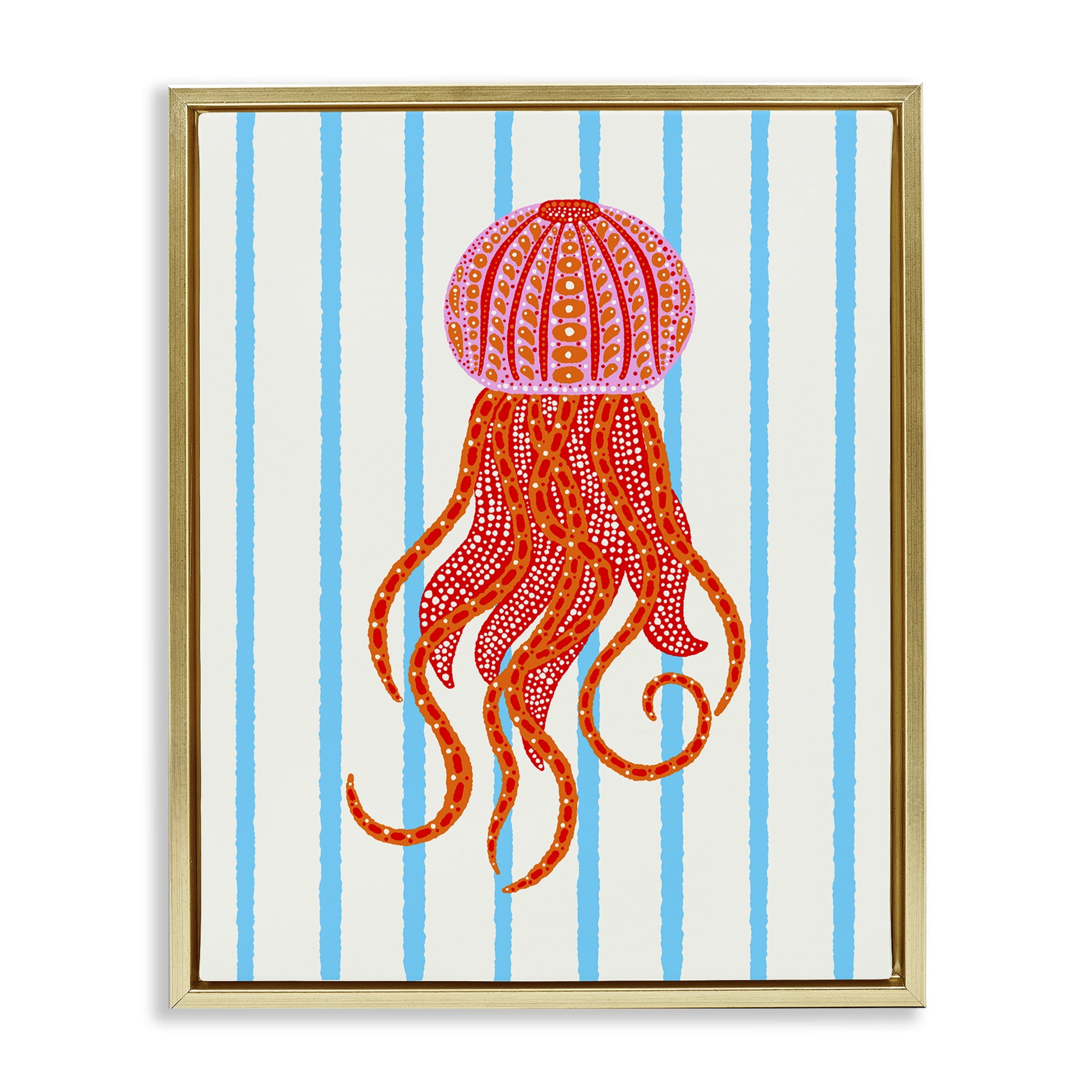Stupell Industries Bright Aquatic Jellyfish on Stripes Gold Framed Floater Canvas Wall Art, design by Indira Prieto | IndySign