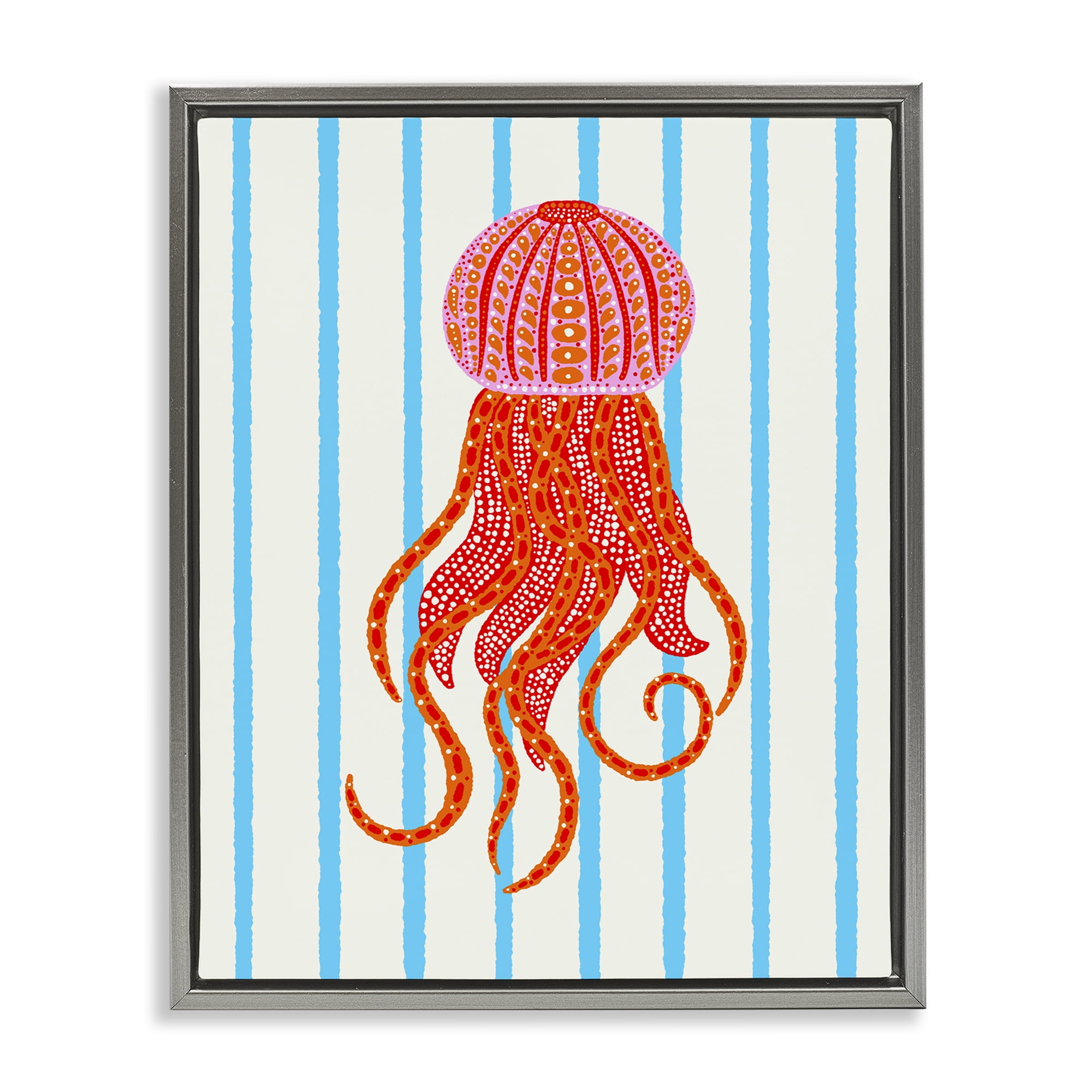 Stupell Industries Bright Aquatic Jellyfish on Stripes Gray Framed Floater Canvas Wall Art, design by Indira Prieto | IndySign