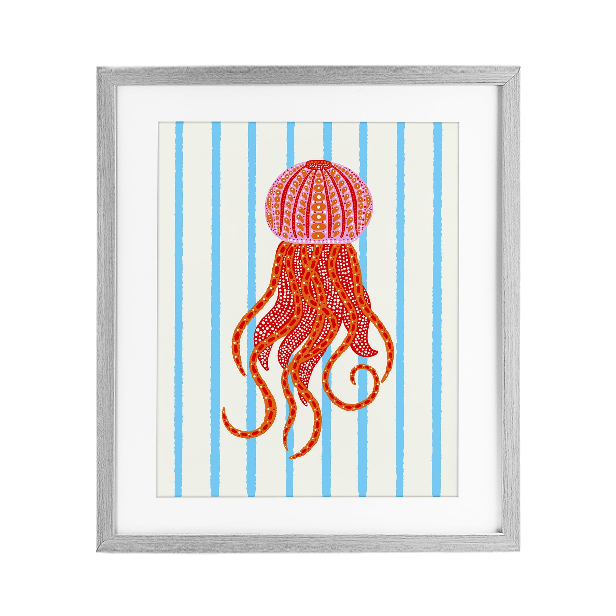 Stupell Industries Bright Aquatic Jellyfish on Stripes Gray Framed Print Under Glass, design by Indira Prieto | IndySign