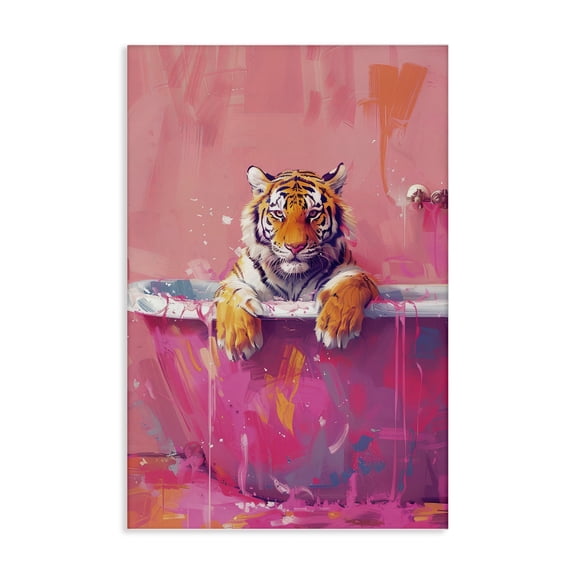 Stupell Industries Bright Bathing Tiger in Tub Animals Painting Wrapped Canvas Canvas Art Print Wall Art, 24 x 36