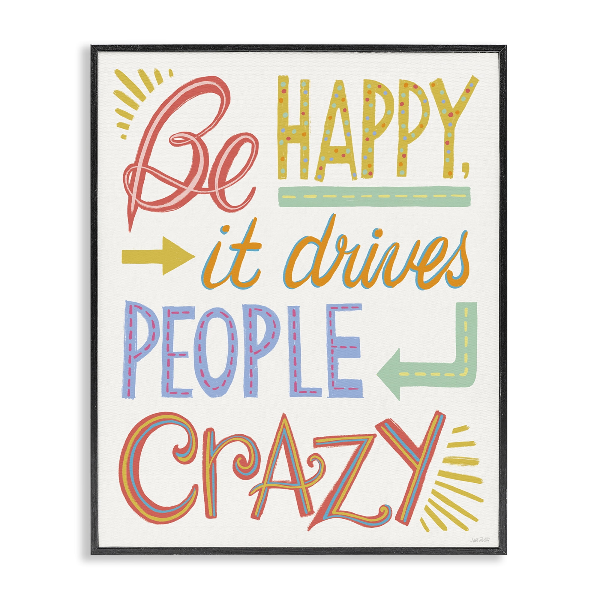 Stupell Industries Bright Be Happy Phrase Typography Painting Black Framed Art Print Wall Art, 24 x 30
