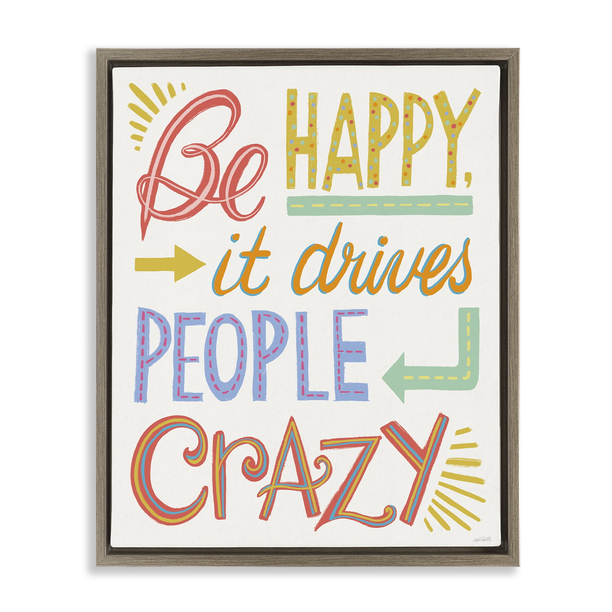 Stupell Industries Bright Be Happy Phrase Typography Painting Brown Floater Framed Art Print Wall Art, 25 x 31