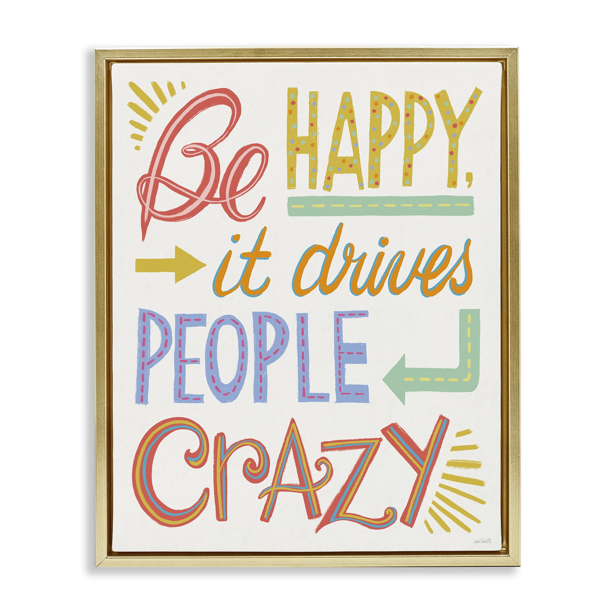 Stupell Industries Bright Be Happy Phrase Typography Painting Gold Floater Framed Art Print Wall Art, 17 x 21