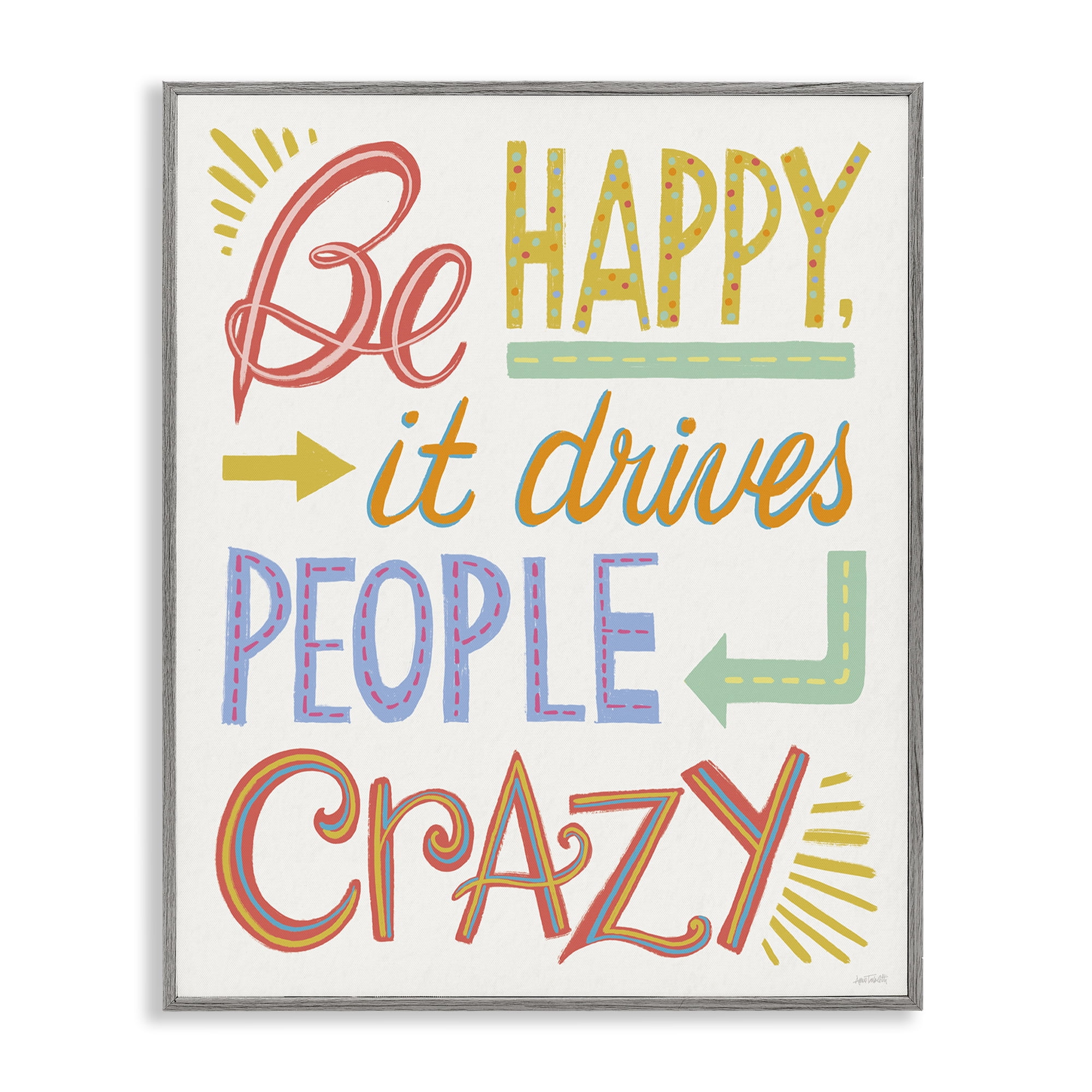 Stupell Industries Bright Be Happy Phrase Typography Painting Gray Framed Art Print Wall Art, 16 x 20