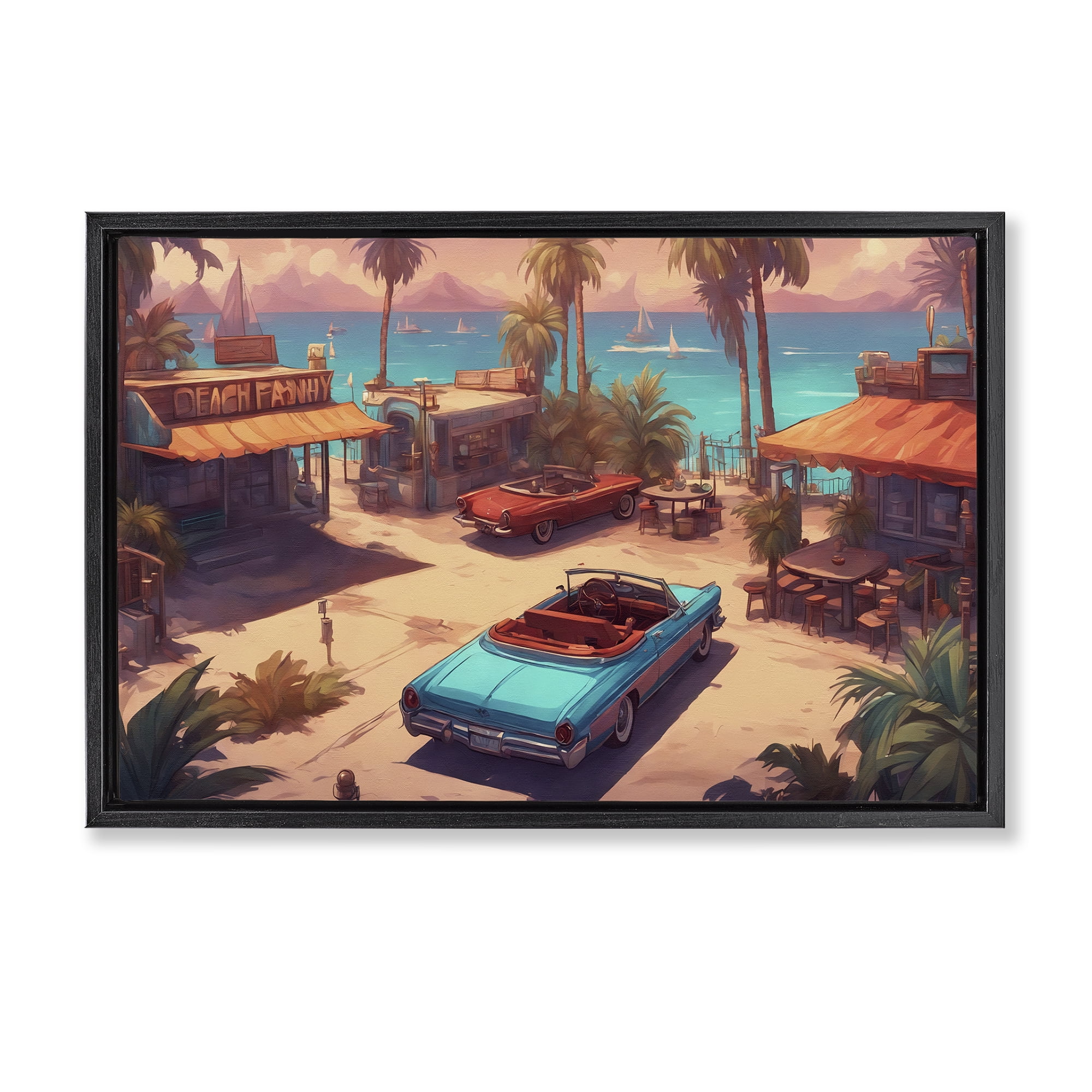 Stupell Industries Bright Beach Hues View Transportation Painting Black Floater Framed Canvas Art Print Wall Art, 31 x 21