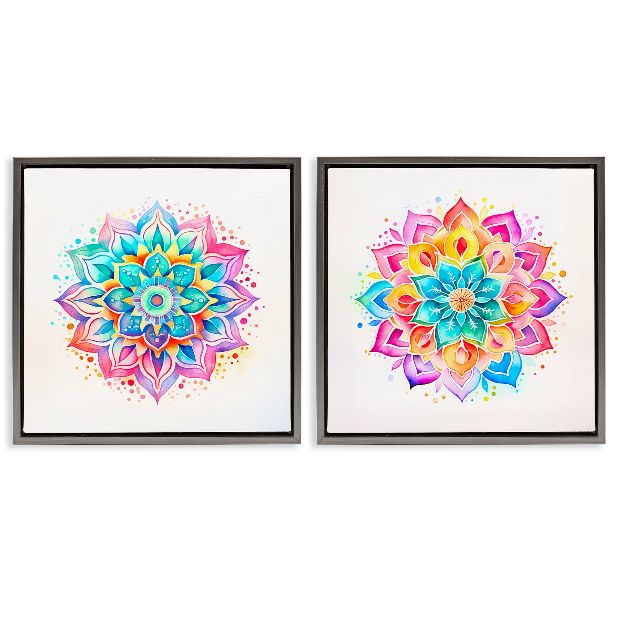 Stupell Industries Bright Boho Mandalas Abstract Painting Gray Floater Framed Canvas Art Print Wall Art, 18 x 18, Set of 2