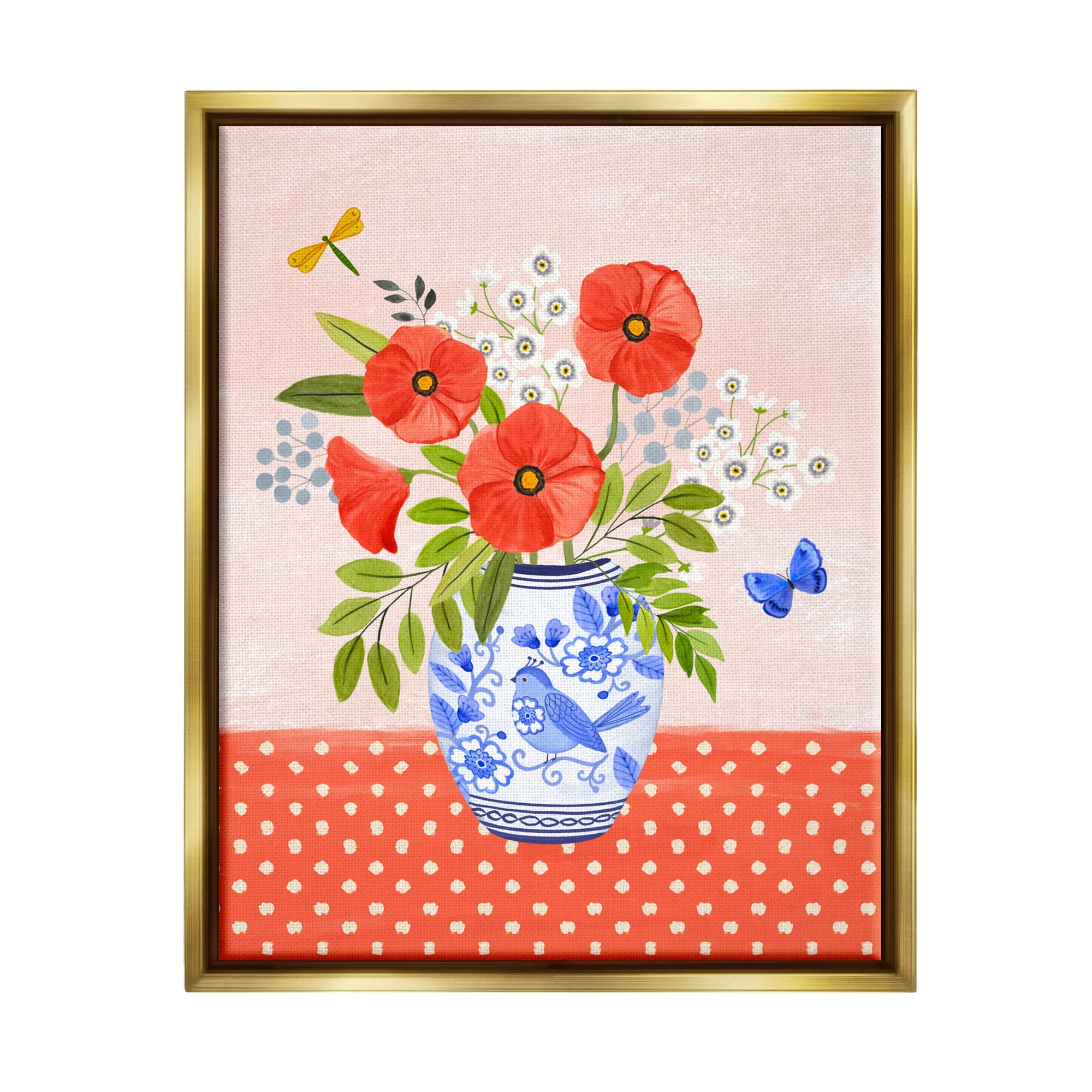 Stupell Industries Bright Bouquet on Polka Dots Botanical & Floral Painting Gold Floater Framed Canvas Art Print Wall Art, 25 x 31