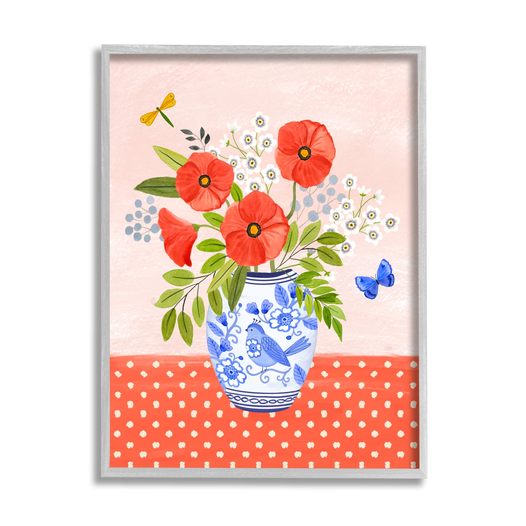 Stupell Industries Bright Bouquet on Polka Dots Botanical & Floral Painting Gray Framed Art Print Wall Art, 16 x 20