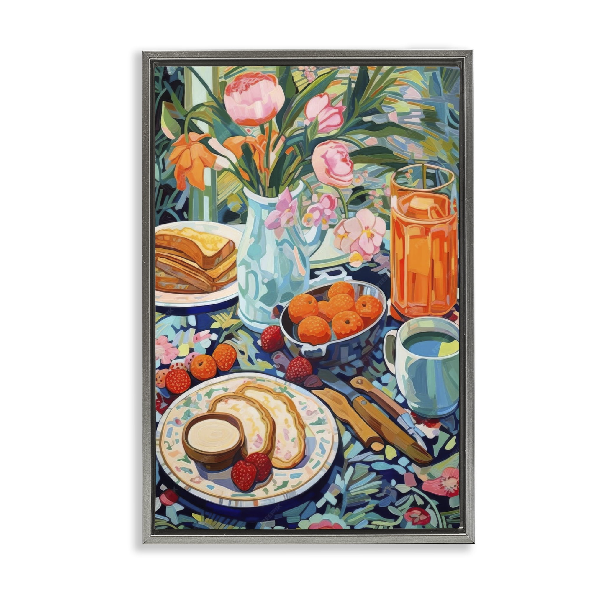 Stupell Industries Bright Breakfast Spread Food & Beverage Painting Gray Floater Framed Canvas Art Print Wall Art, 17 x 25