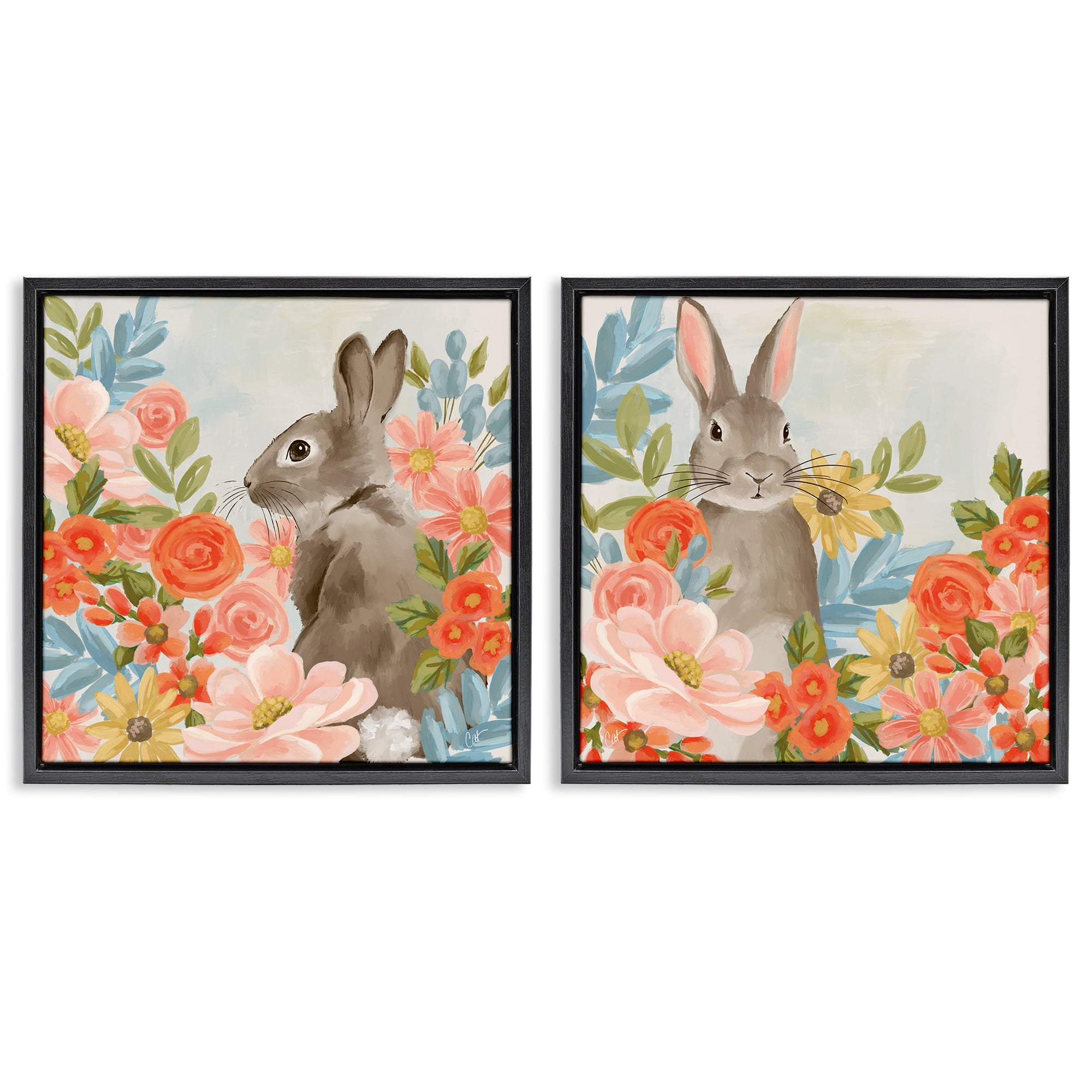 Stupell Industries Bright Bunny Blooms 2 Piece Black Framed Floater Canvas Set, design by Cat Thurman Designs
