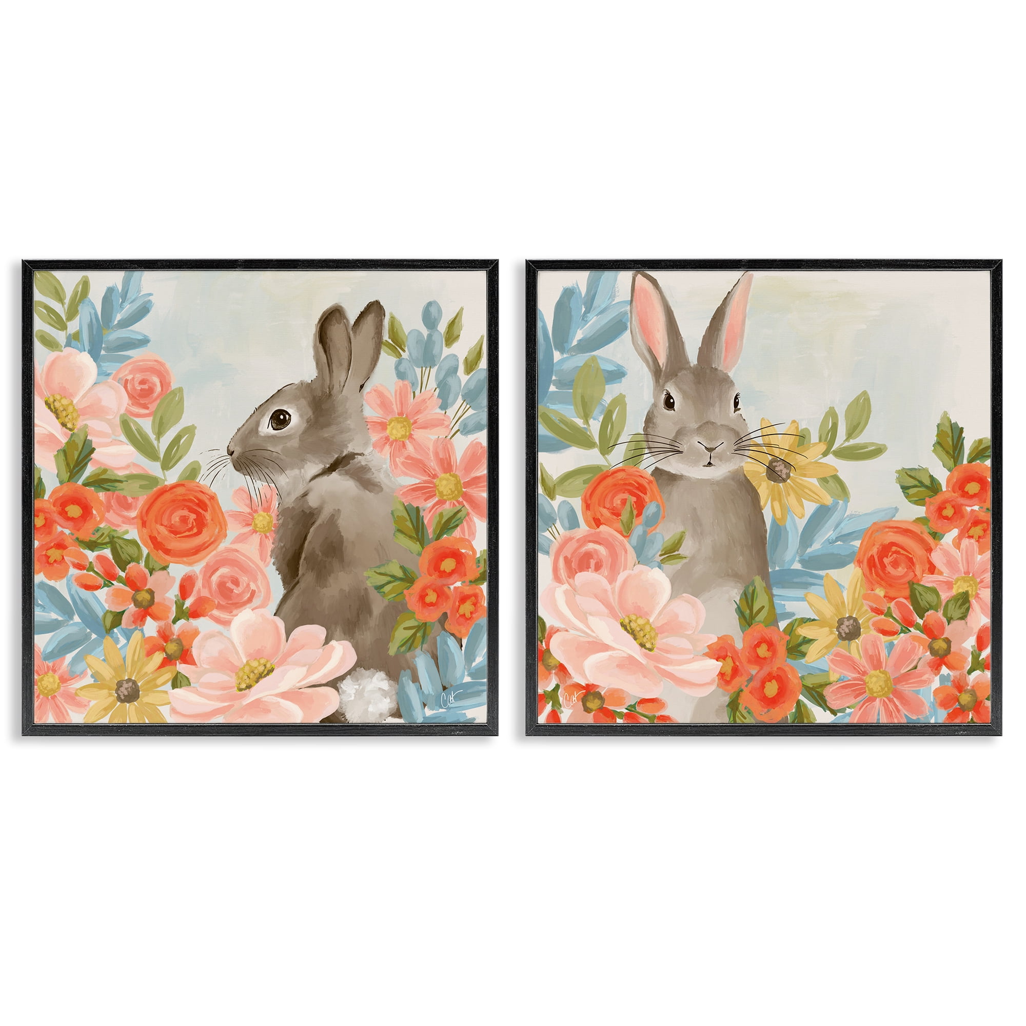 Stupell Industries Bright Bunny Blooms 2 Piece Black Framed Giclee Art Set, design by Cat Thurman Designs