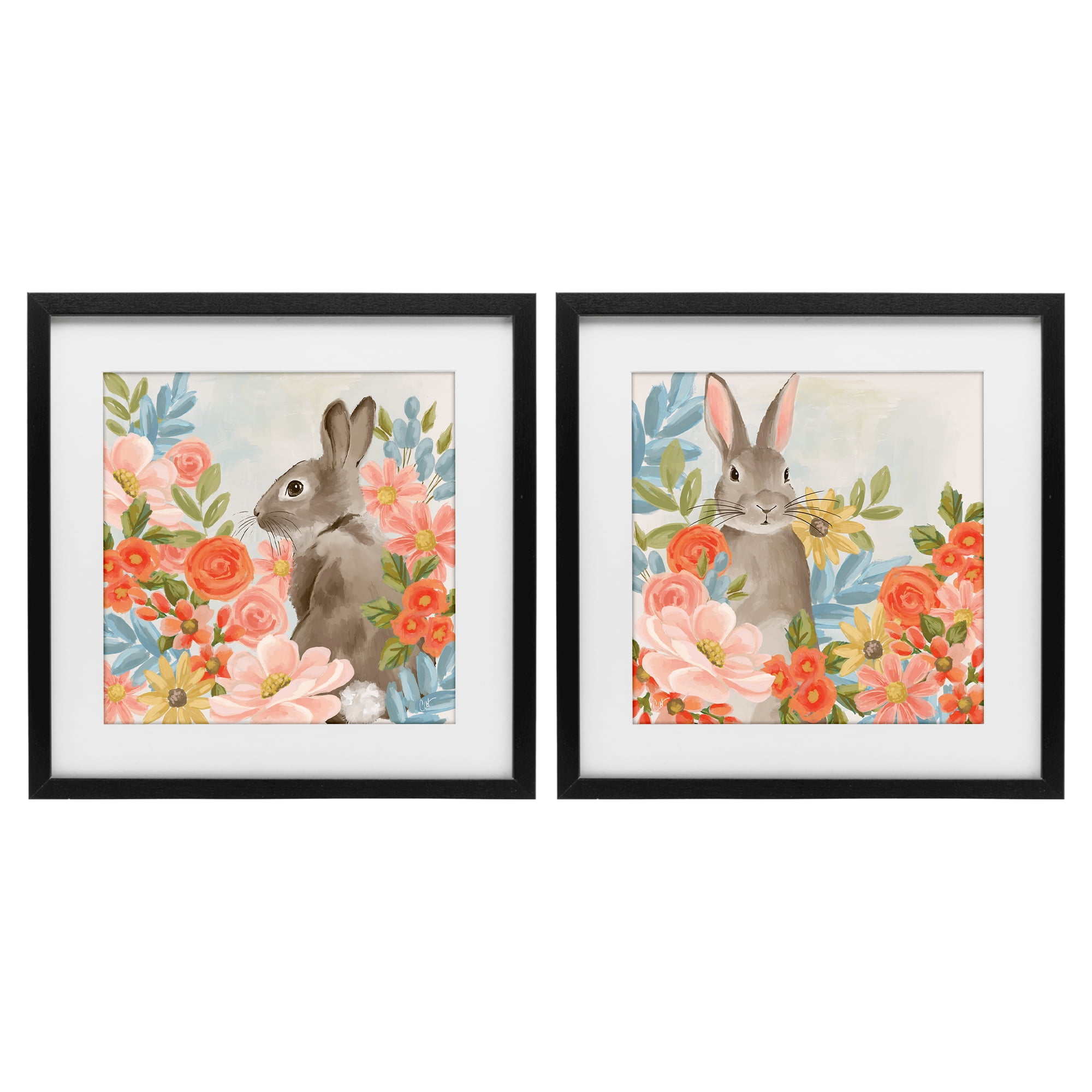 Stupell Industries Bright Bunny Blooms 2 Piece Black Framed Print Under Glass Set, design by Cat Thurman Designs