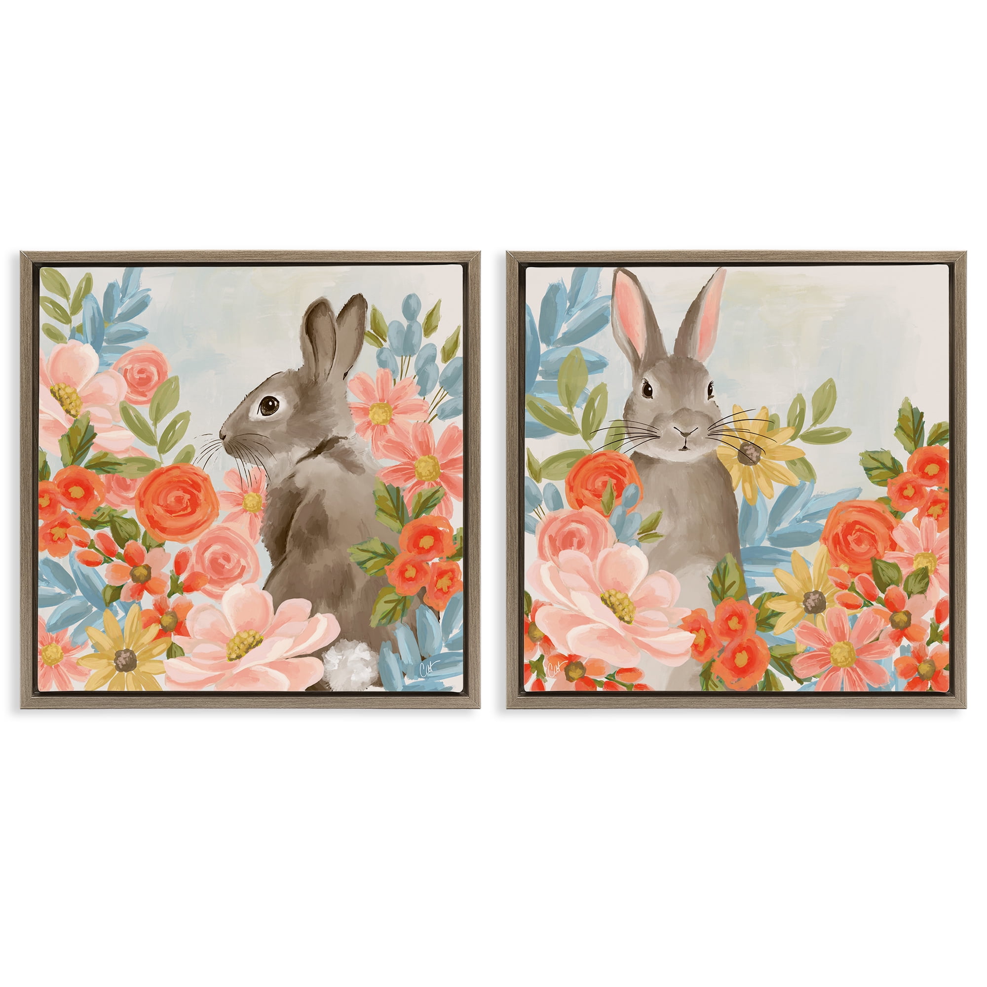 Stupell Industries Bright Bunny Blooms 2 Piece Brown Framed Floater Canvas Set, design by Cat Thurman Designs