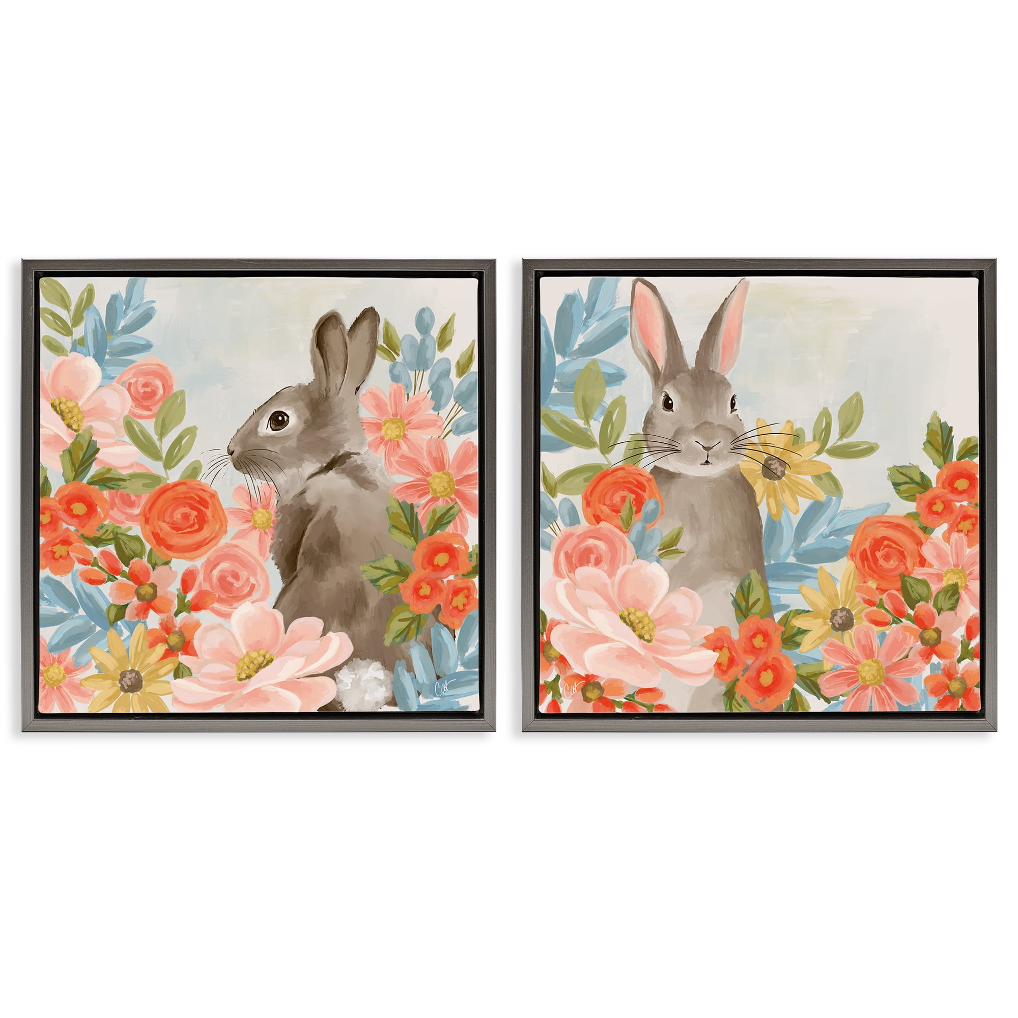 Stupell Industries Bright Bunny Blooms 2 Piece Gray Framed Floater Canvas Set, design by Cat Thurman Designs