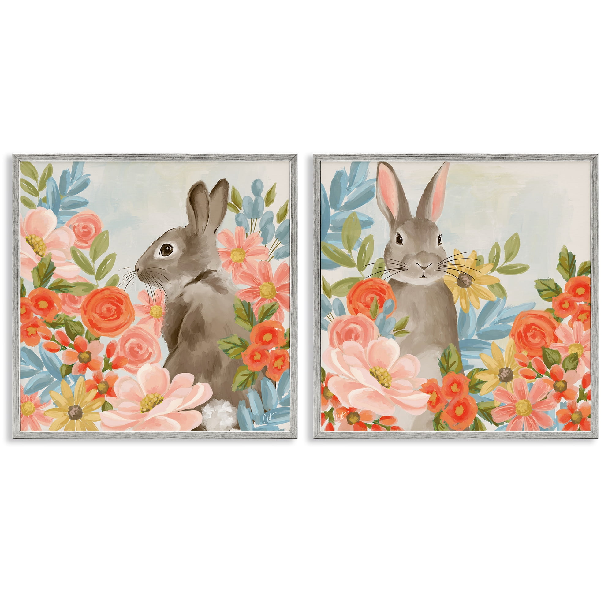 Stupell Industries Bright Bunny Blooms 2 Piece Gray Framed Giclee Art Set, design by Cat Thurman Designs