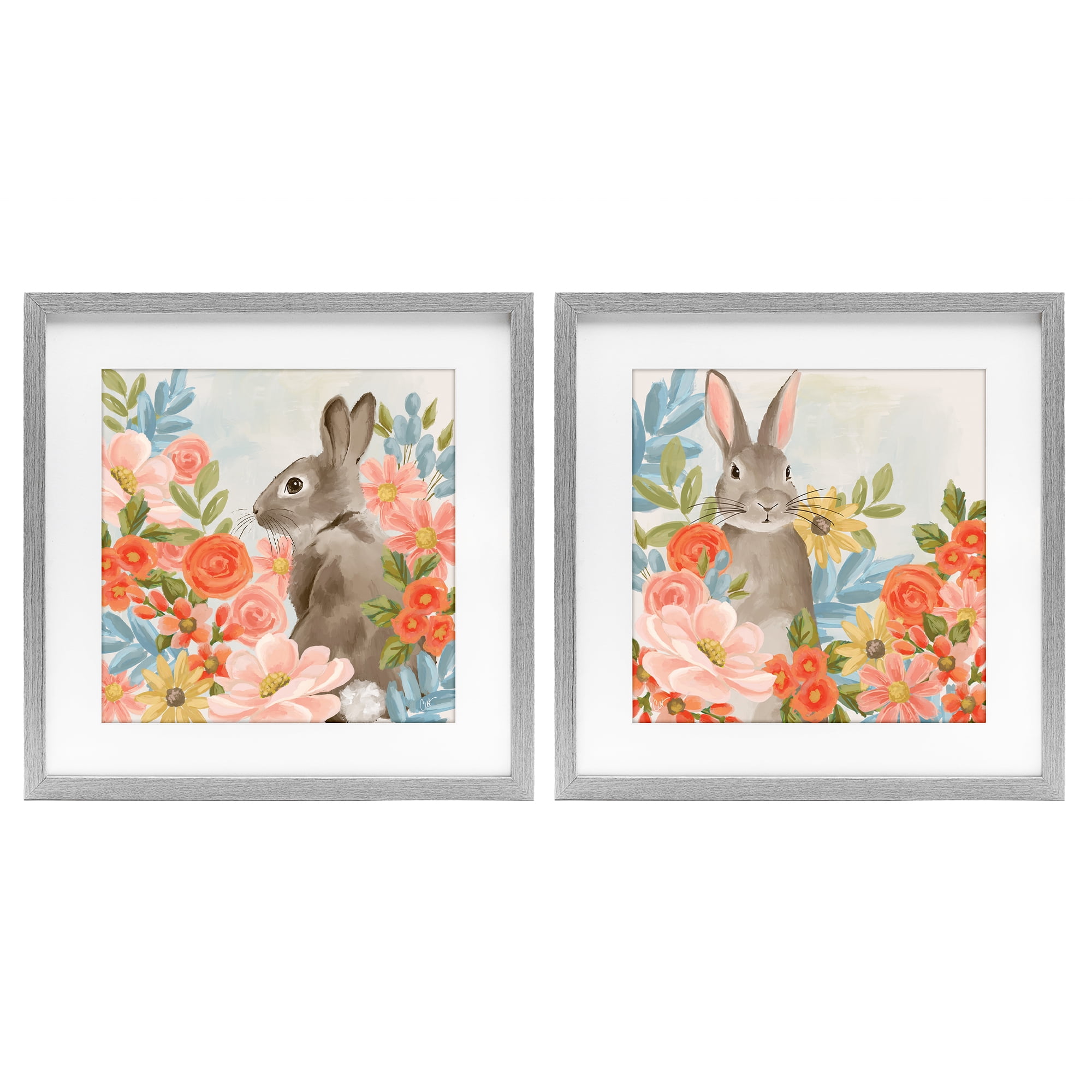 Stupell Industries Bright Bunny Blooms 2 Piece Gray Framed Print Under Glass Set, design by Cat Thurman Designs