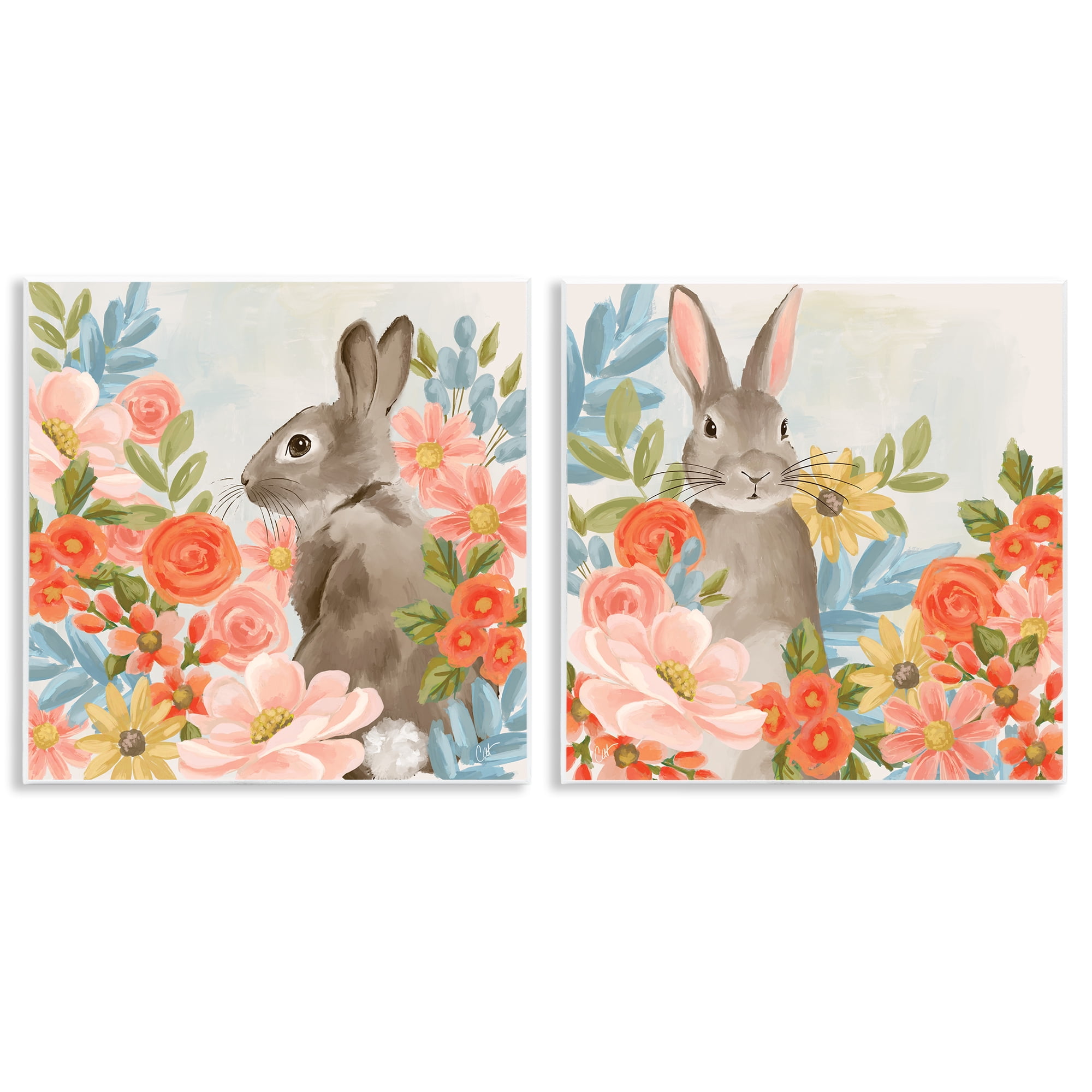 Stupell Industries Bright Bunny Blooms 2 Piece Wall Plaque Art Set, design by Cat Thurman Designs