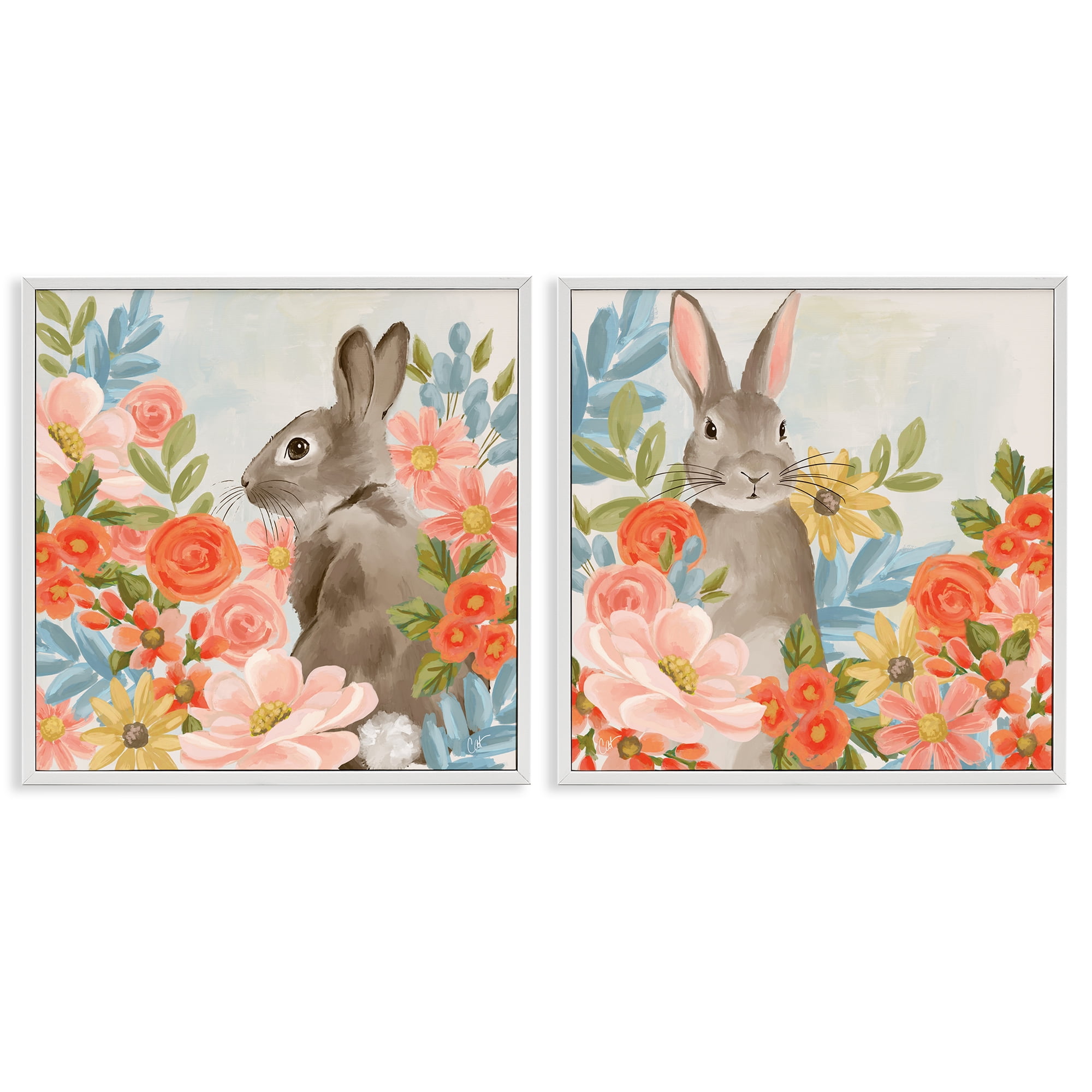Stupell Industries Bright Bunny Blooms 2 Piece White Framed Giclee Art Set, design by Cat Thurman Designs