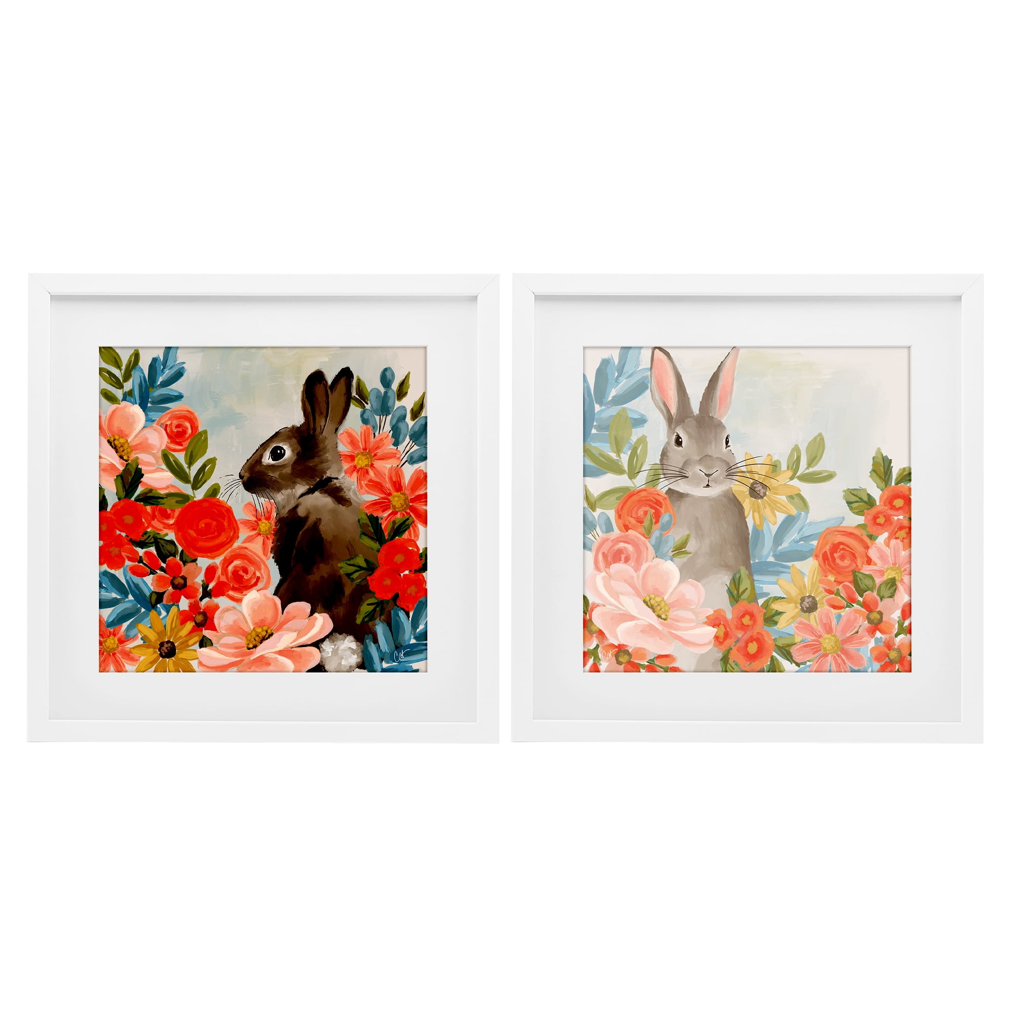 Stupell Industries Bright Bunny Blooms 2 Piece White Framed Print Under Glass Set, design by Cat Thurman Designs