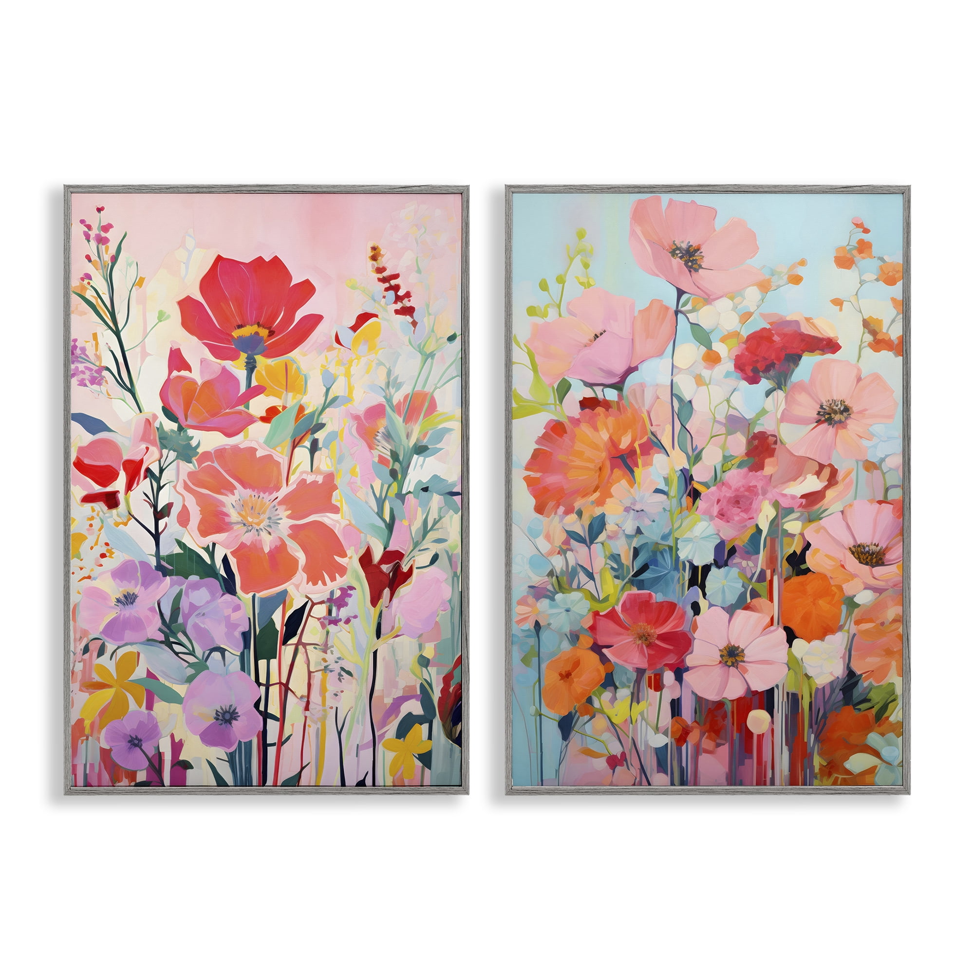 Stupell Industries Bright Contemporary Flowers Plants & Flowers Painting Gray Framed Art Print Wall Art, 16 x 24, Set of 2