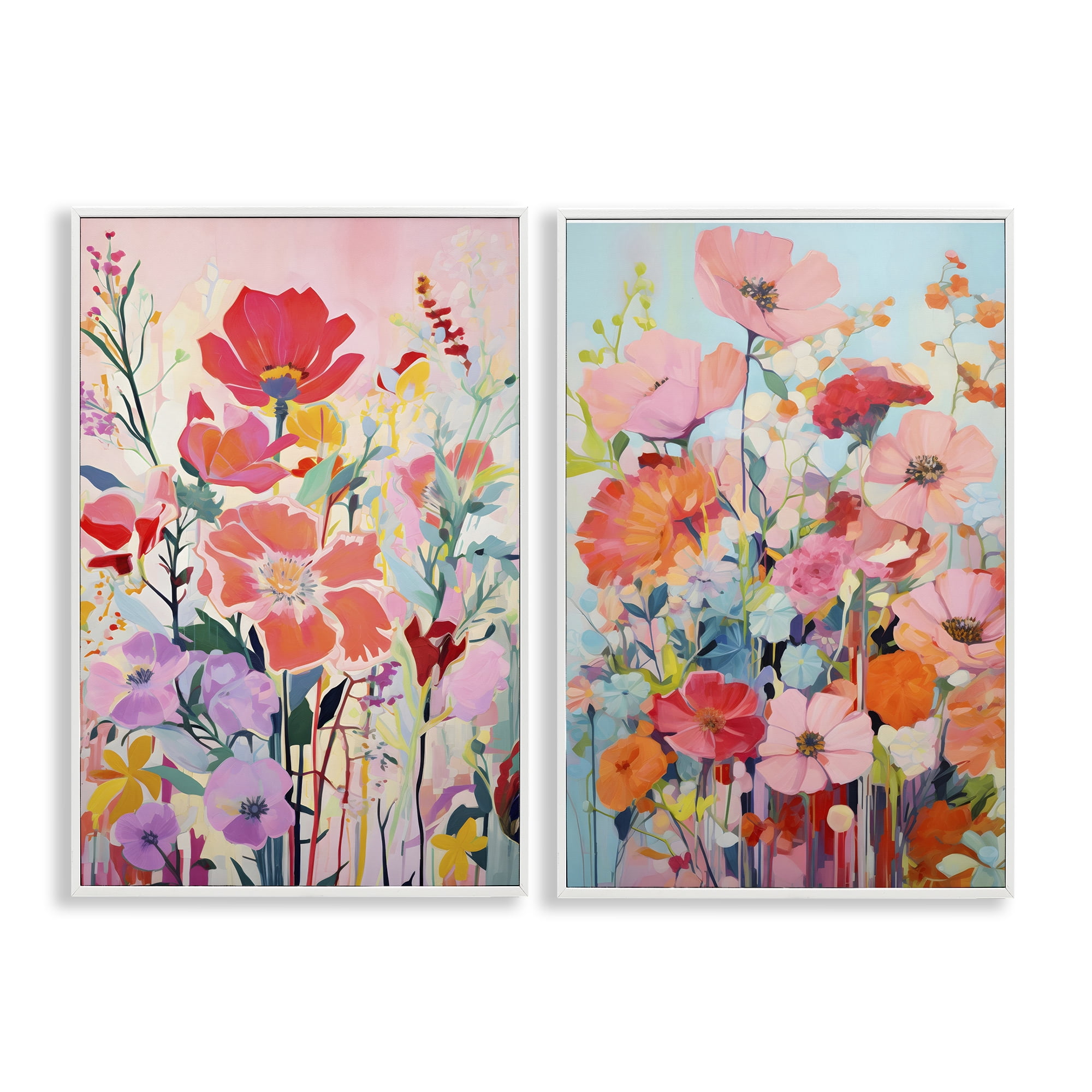 Stupell Industries Bright Contemporary Flowers Plants & Flowers Painting White Framed Art Print Wall Art, 16 x 24, Set of 2