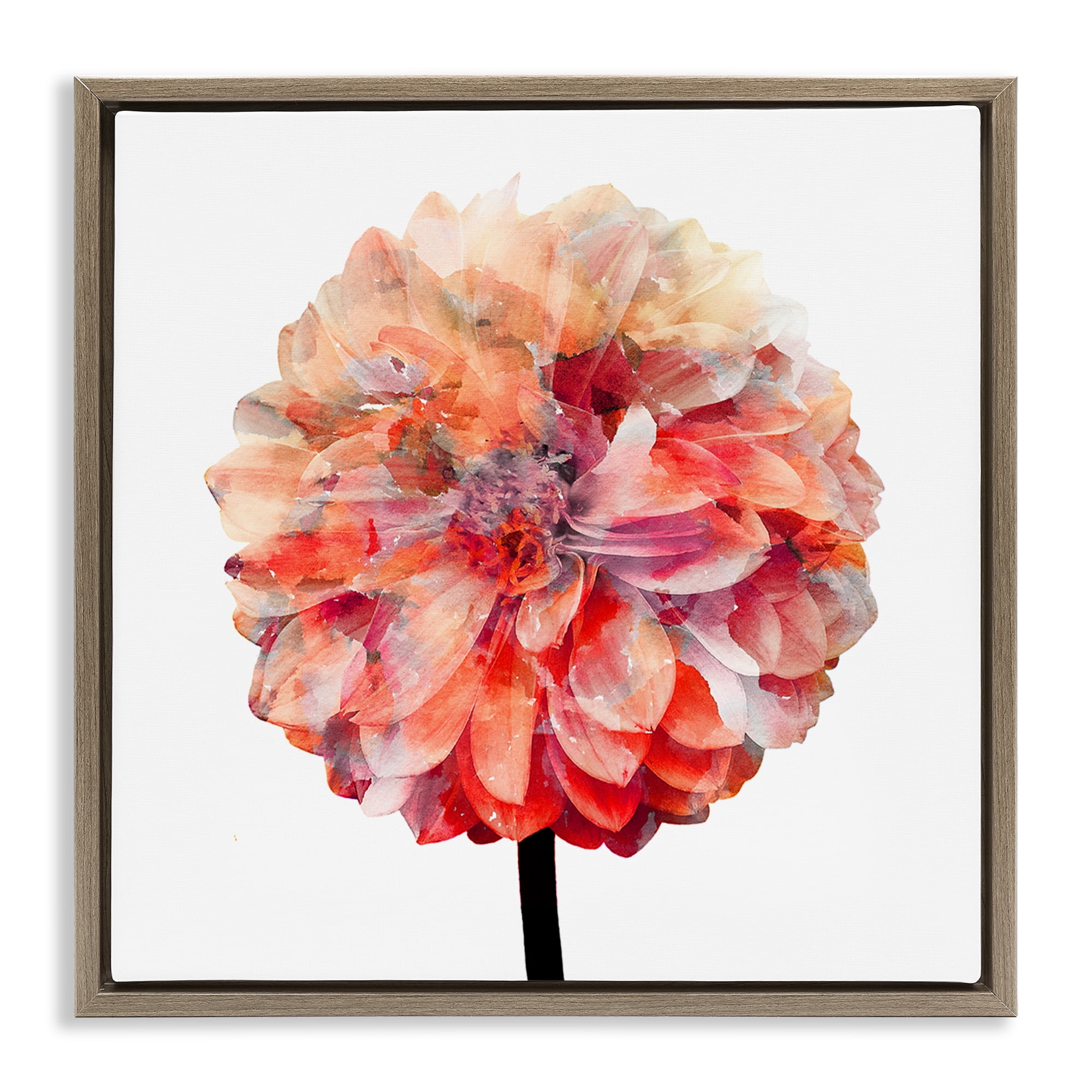 Stupell Industries Bright Coral Watercolor Bloom Botanical & Floral Painting Brown Floater Framed Canvas Art Print Wall Art, 18 x 18