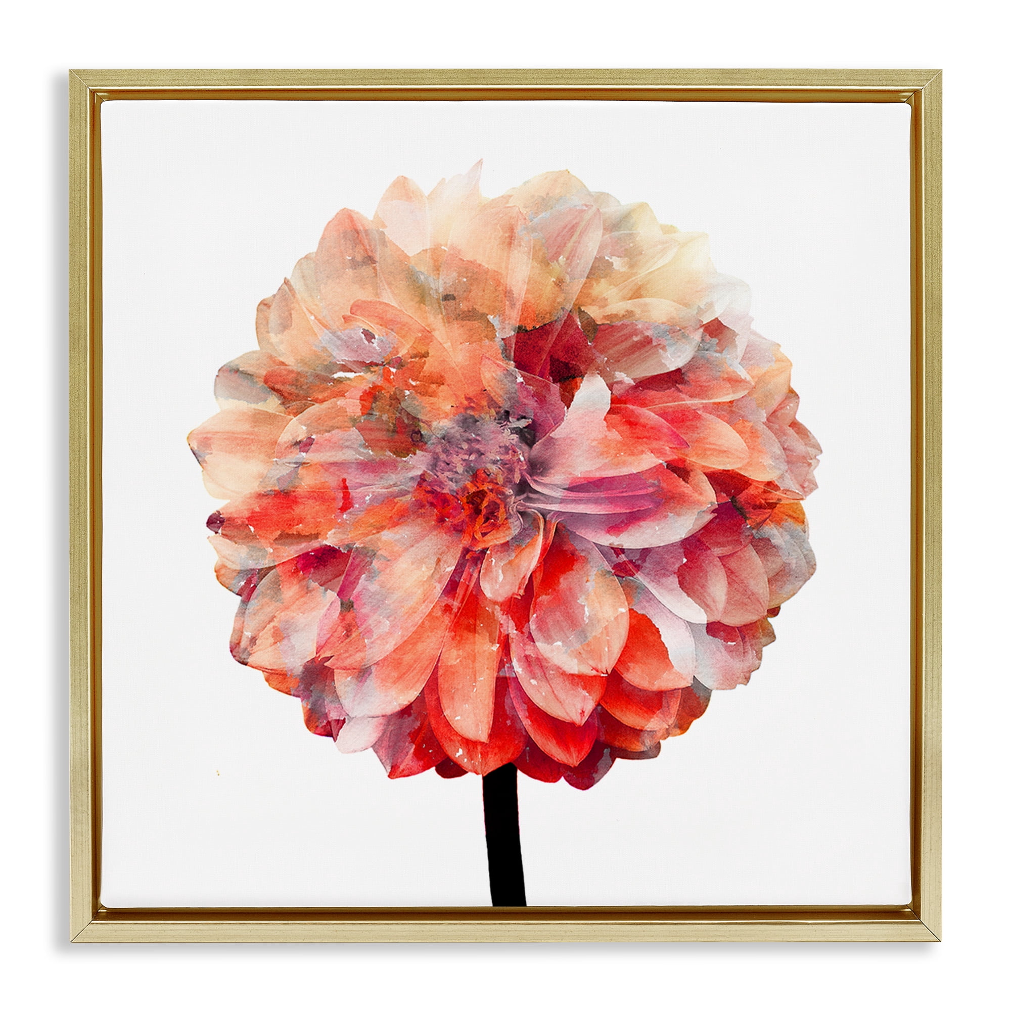 Stupell Industries Bright Coral Watercolor Bloom Botanical & Floral Painting Gold Floater Framed Canvas Art Print Wall Art, 18 x 18