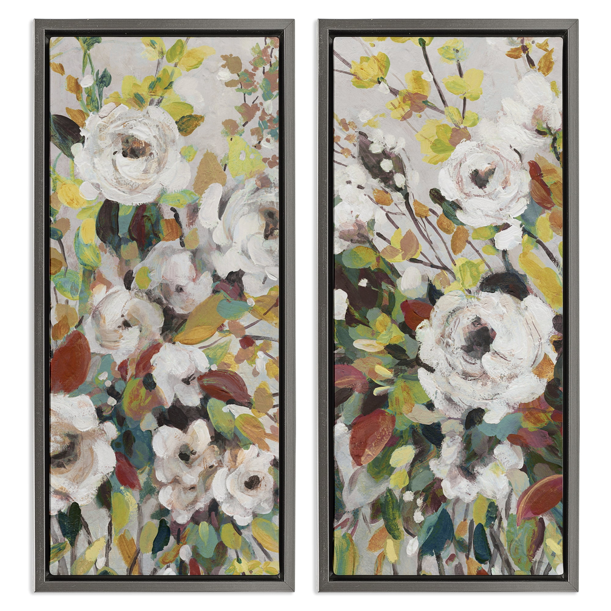 Stupell Industries Bright Cottage Gardens Plants & Flowers Painting Gray Floater Framed Canvas Art Print Wall Art, 11 x 25, Set of 2