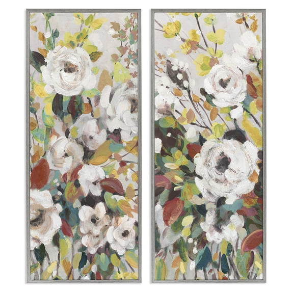 Stupell Industries Bright Cottage Gardens Plants & Flowers Painting Gray Framed Art Print Wall Art, 13 x 30, Set of 2