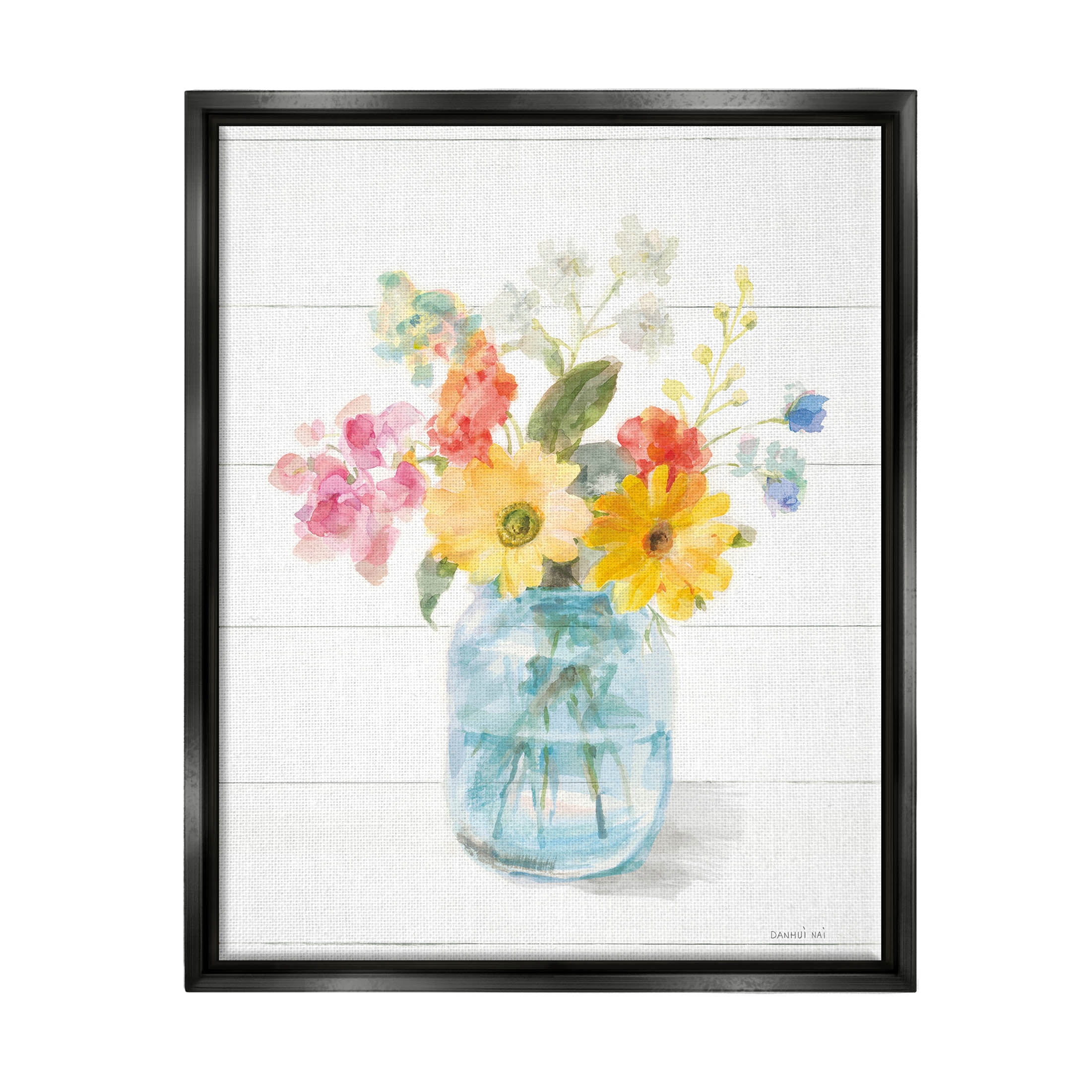 Stupell Industries Bright Country Florals Bouquet Graphic Art Jet Black Floating Framed Canvas Print Wall Art, Design by Danhui Nai