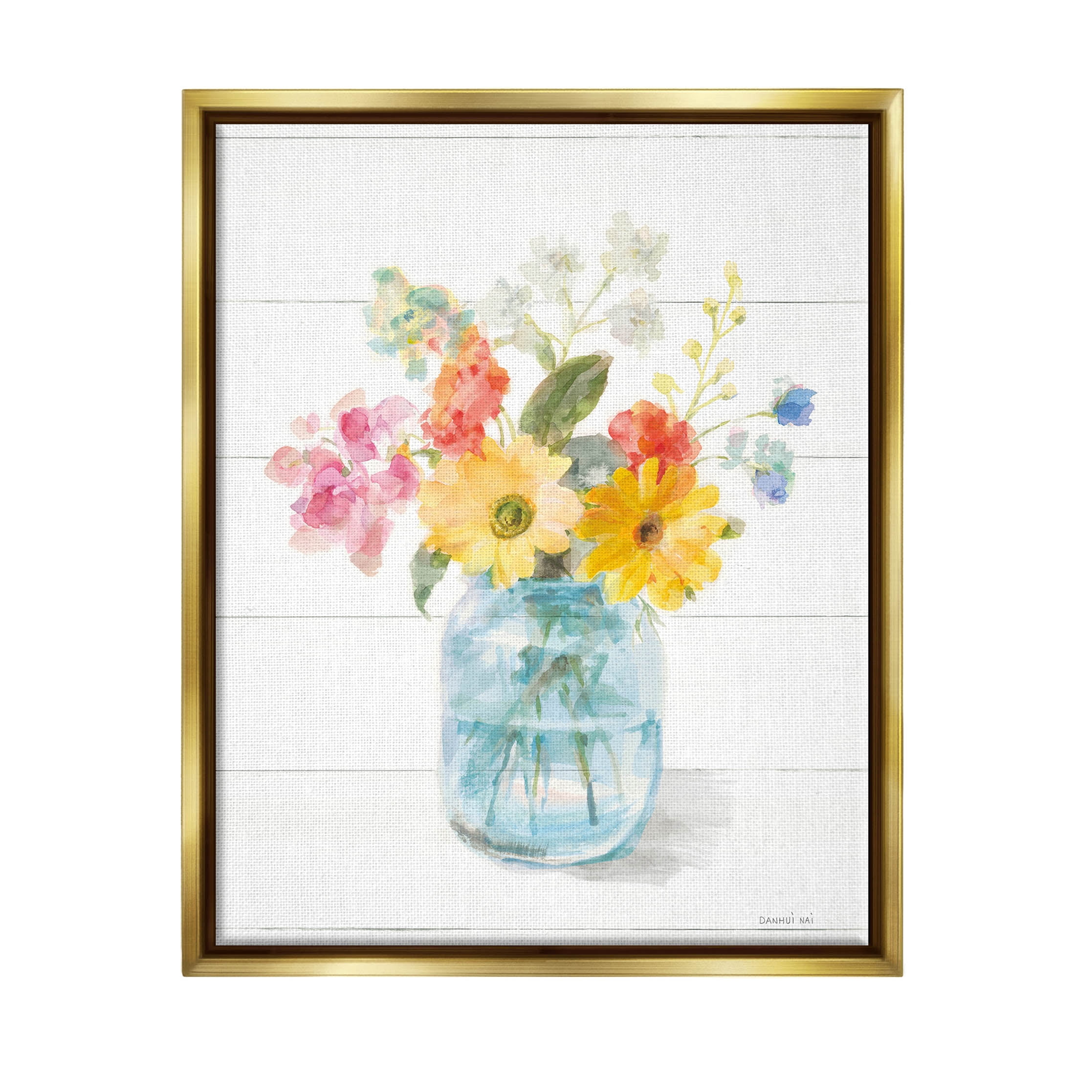 Stupell Industries Bright Country Florals Bouquet Graphic Art Metallic Gold Floating Framed Canvas Print Wall Art, Design by Danhui Nai