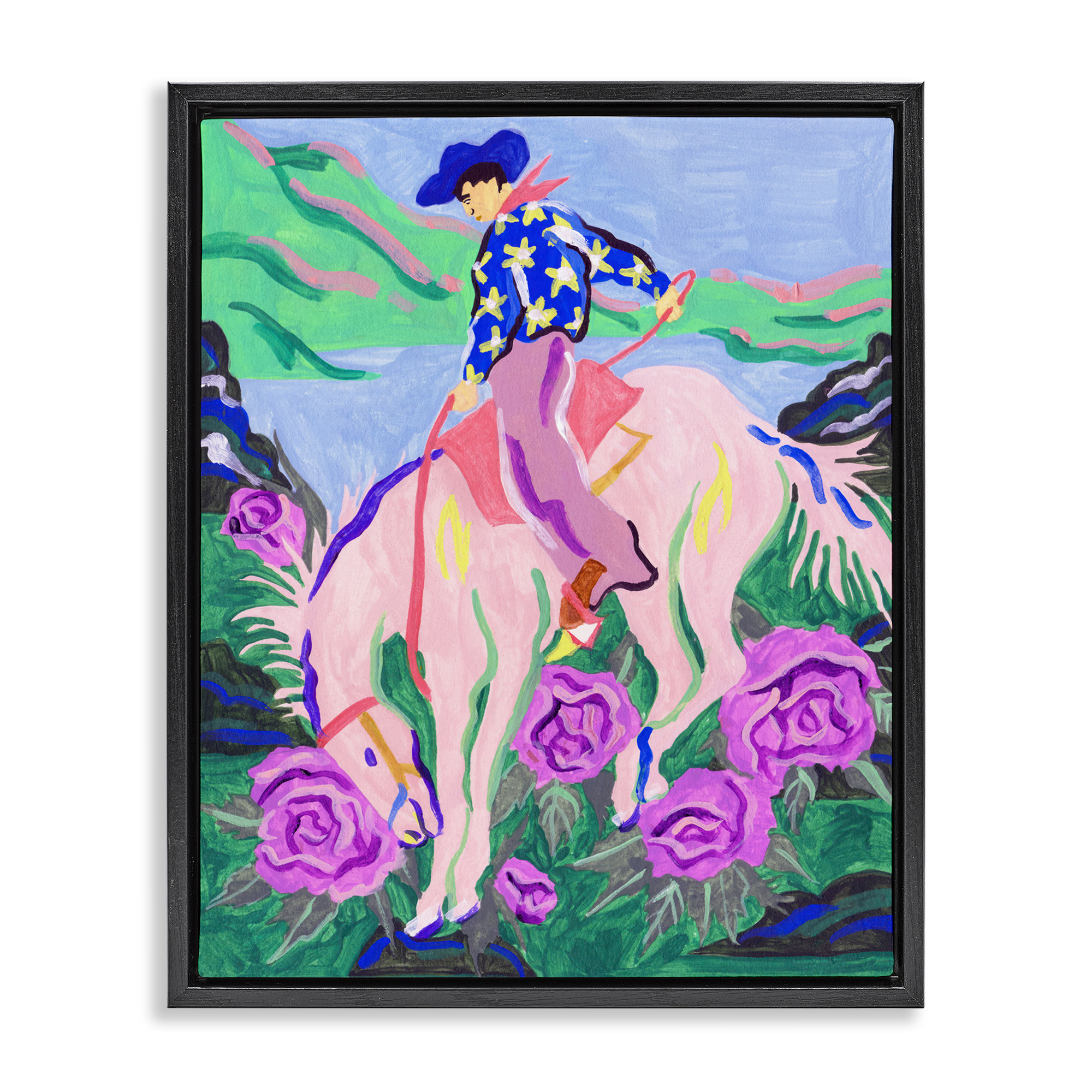 Stupell Industries Bright Cowboy & Blooms Animals Painting Black Floater Framed Canvas Art Print Wall Art, 17 x 21