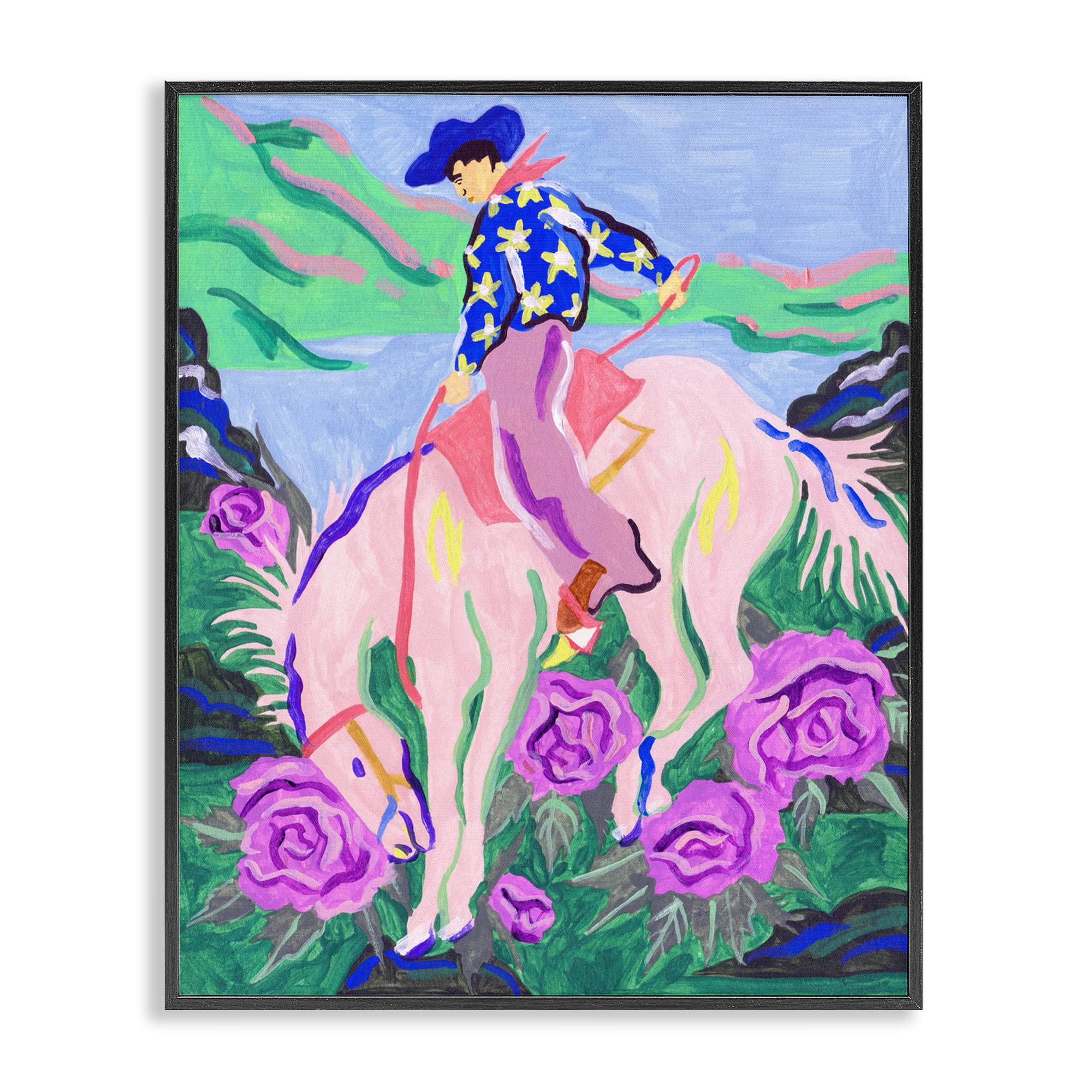 Stupell Industries Bright Cowboy & Blooms Animals Painting Black Framed Art Print Wall Art, 24 x 30