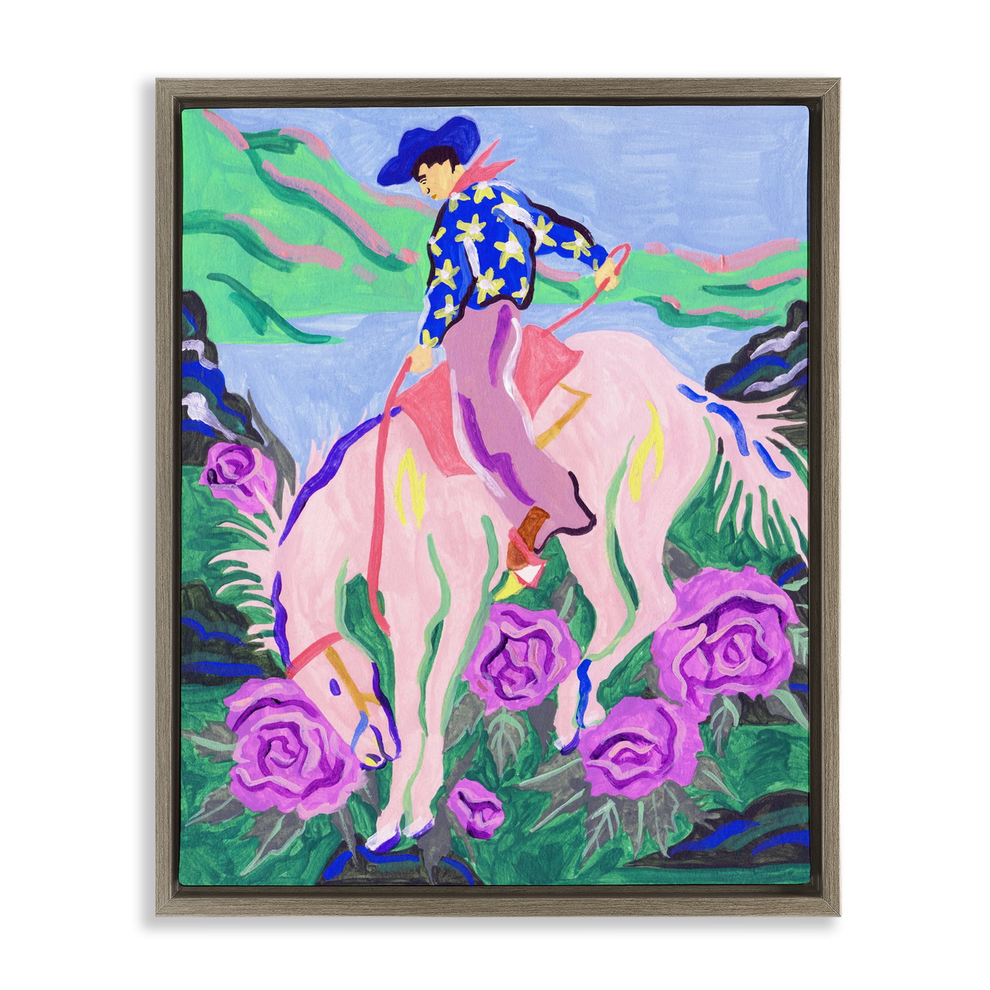 Stupell Industries Bright Cowboy & Blooms Animals Painting Brown Floater Framed Canvas Art Print Wall Art, 25 x 31