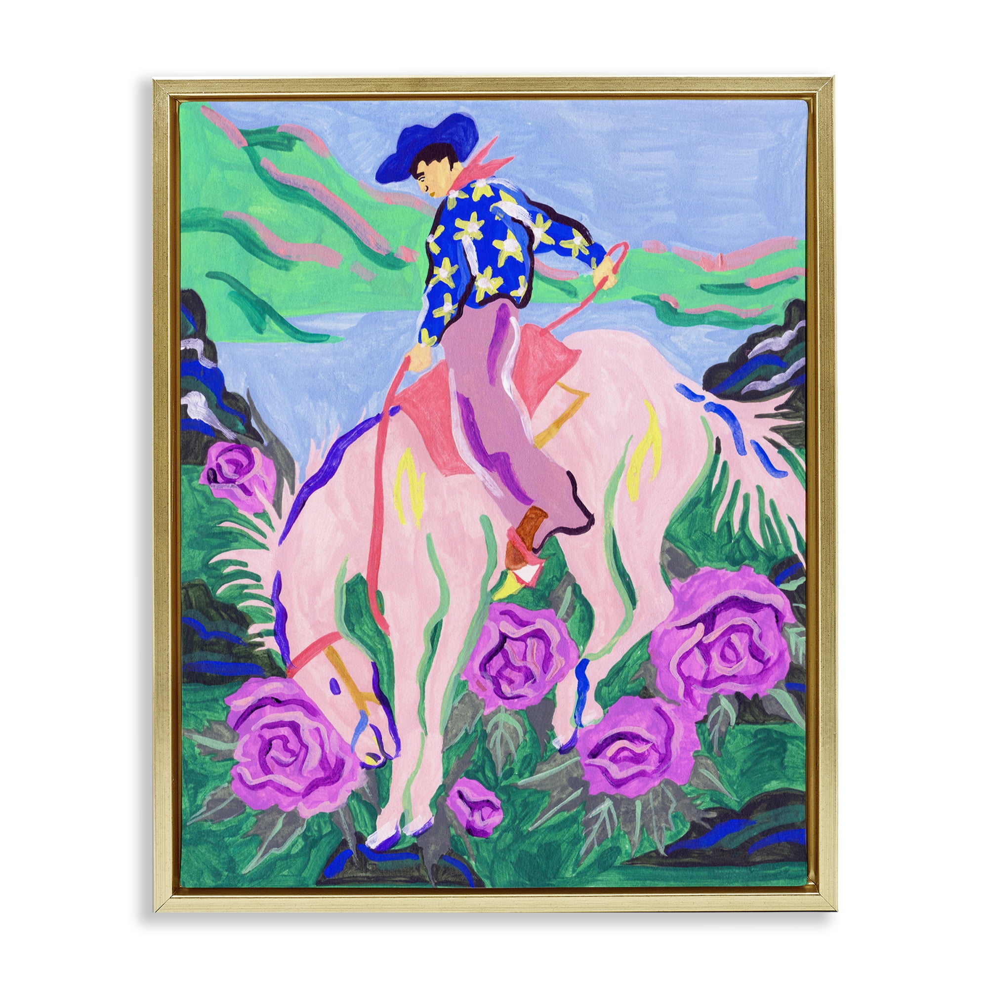 Stupell Industries Bright Cowboy & Blooms Animals Painting Gold Floater Framed Canvas Art Print Wall Art, 17 x 21