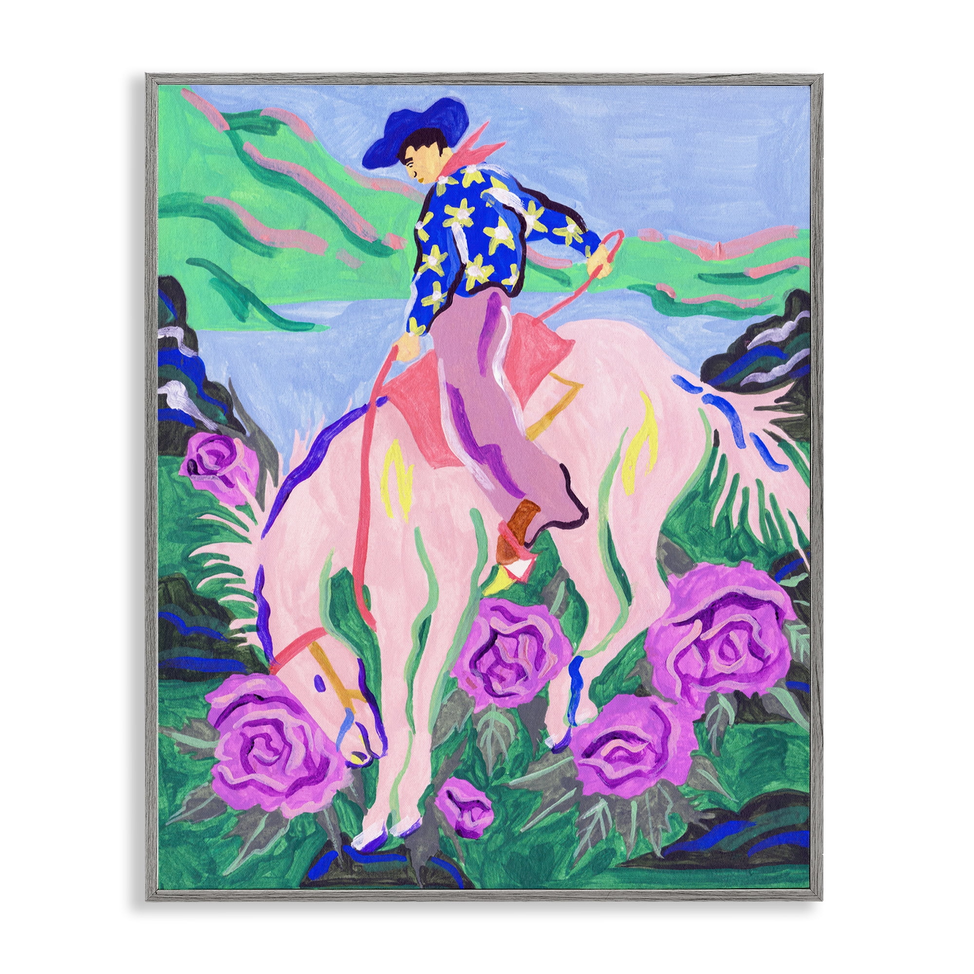 Stupell Industries Bright Cowboy & Blooms Animals Painting Gray Framed Art Print Wall Art, 11 x 14