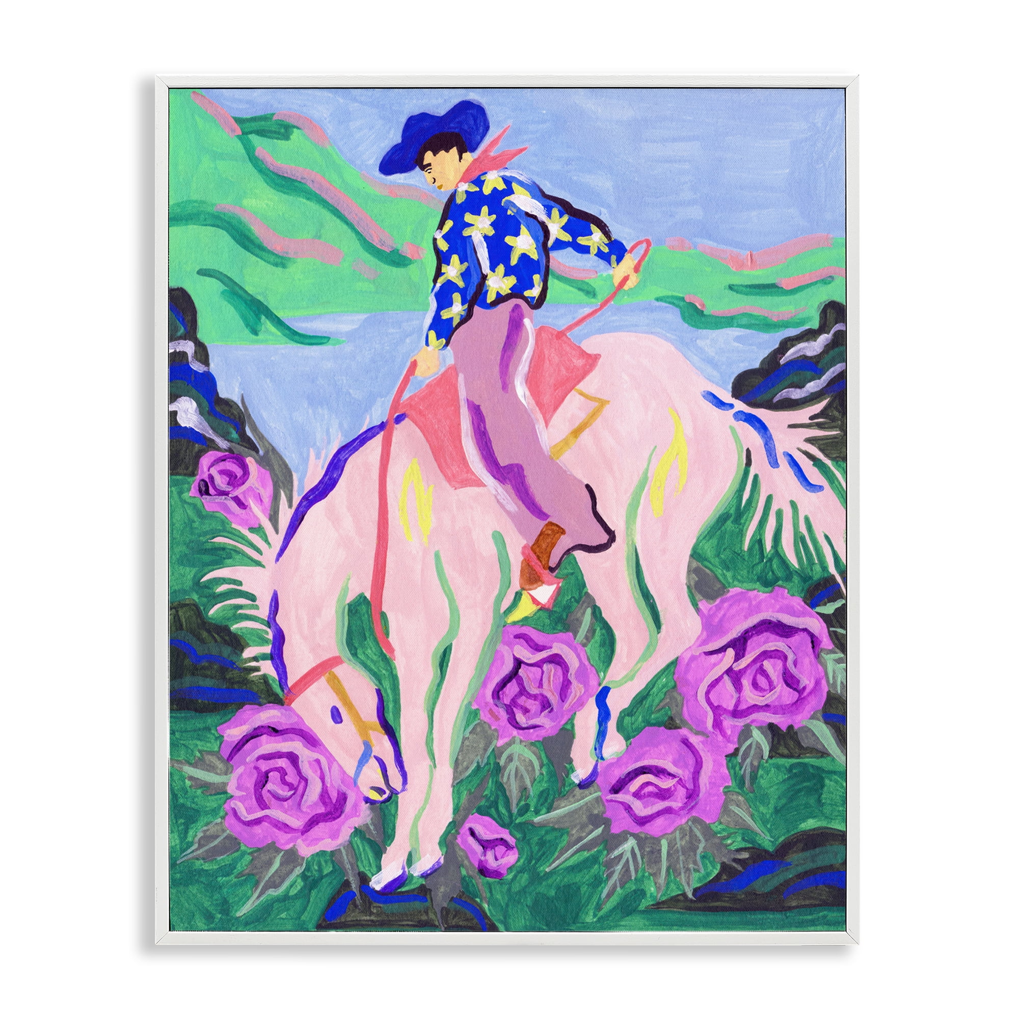 Stupell Industries Bright Cowboy & Blooms Animals Painting White Framed Art Print Wall Art, 24 x 30