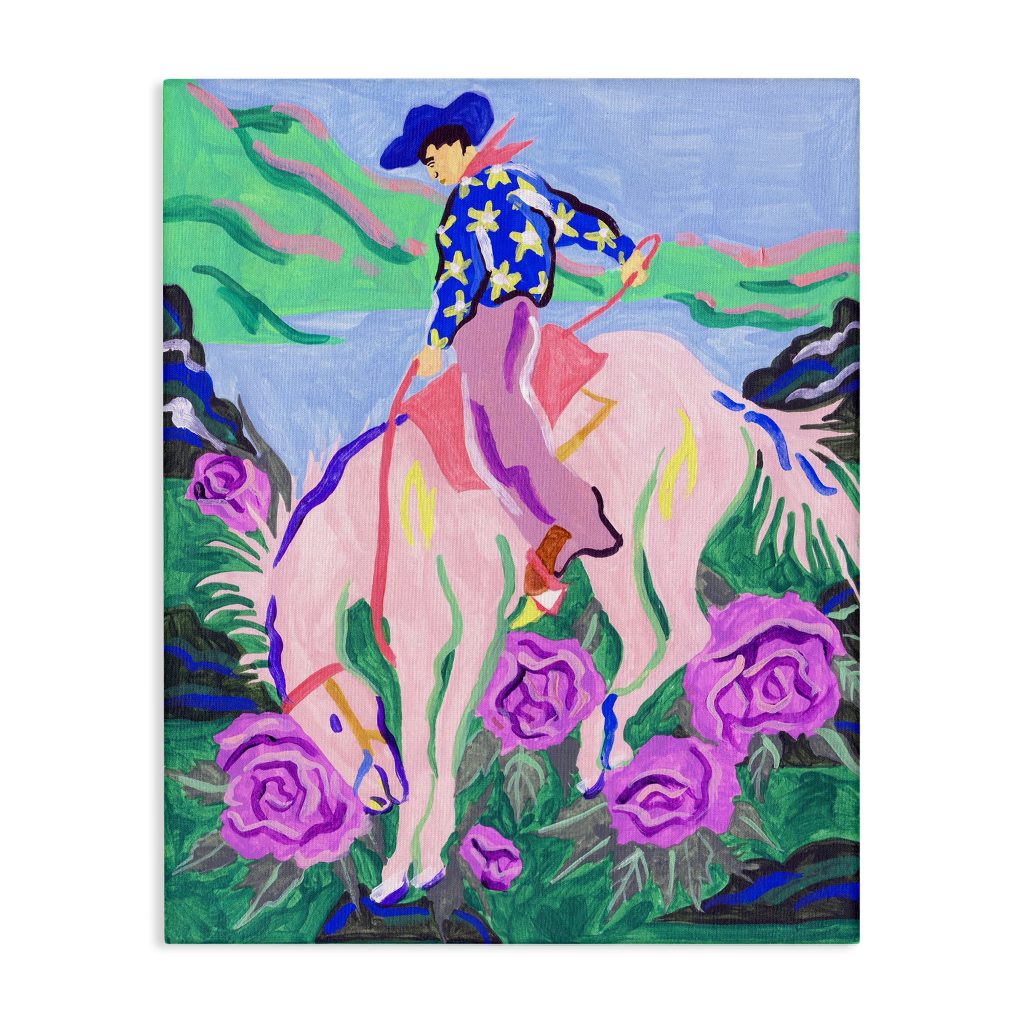 Stupell Industries Bright Cowboy & Blooms Animals Painting Wrapped Canvas Art Print Wall Art, 16 x 20