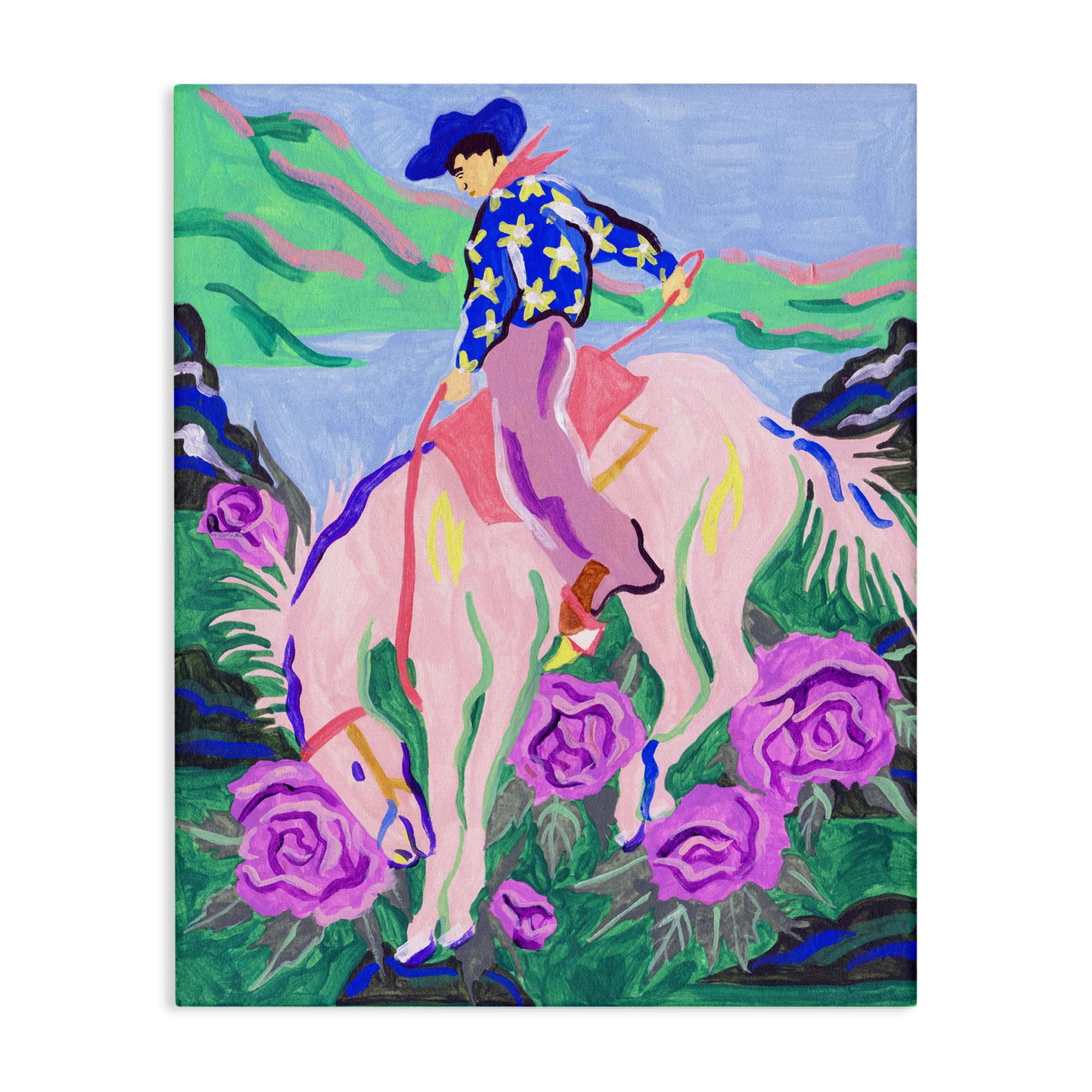 Stupell Industries Bright Cowboy & Blooms Animals Painting Wrapped Canvas Art Print Wall Art, 30 x 40