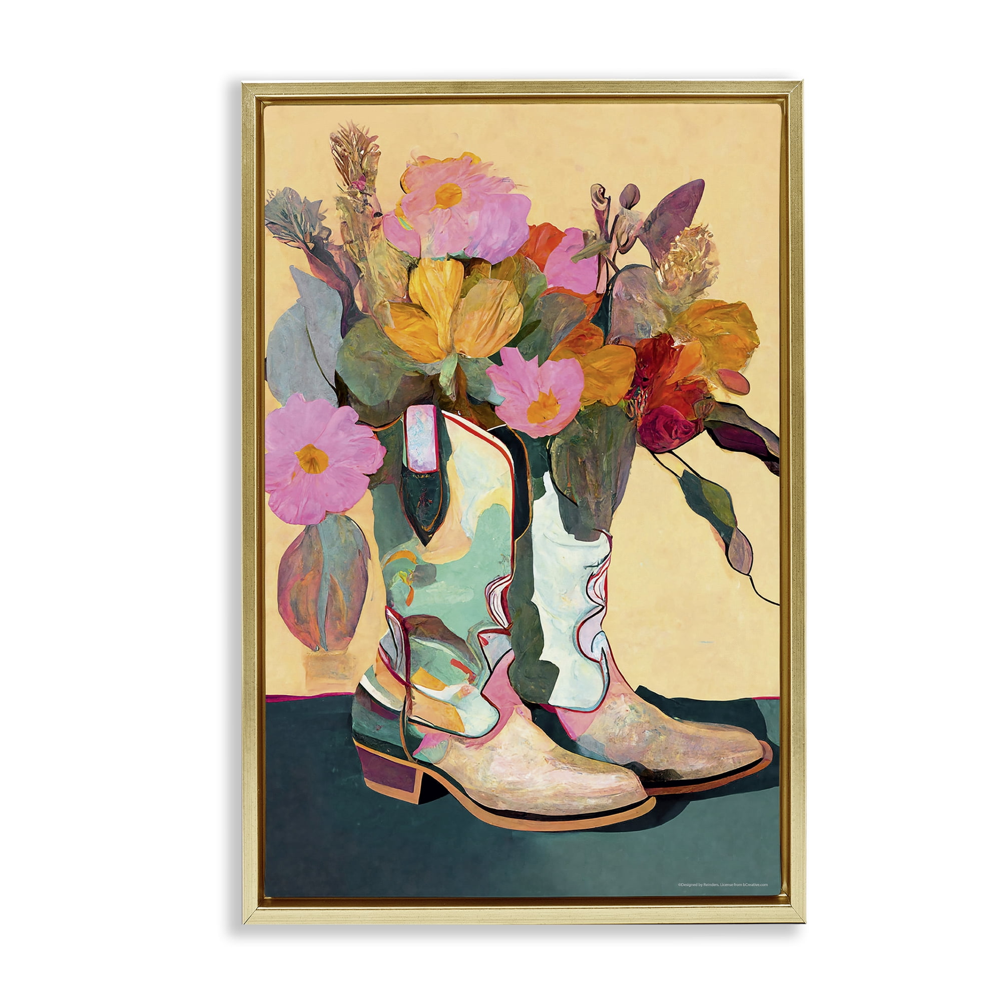 Stupell Industries Bright Cowgirl Florals Plants & Flowers Painting Gold Floater Framed Canvas Art Print Wall Art, 17 x 25