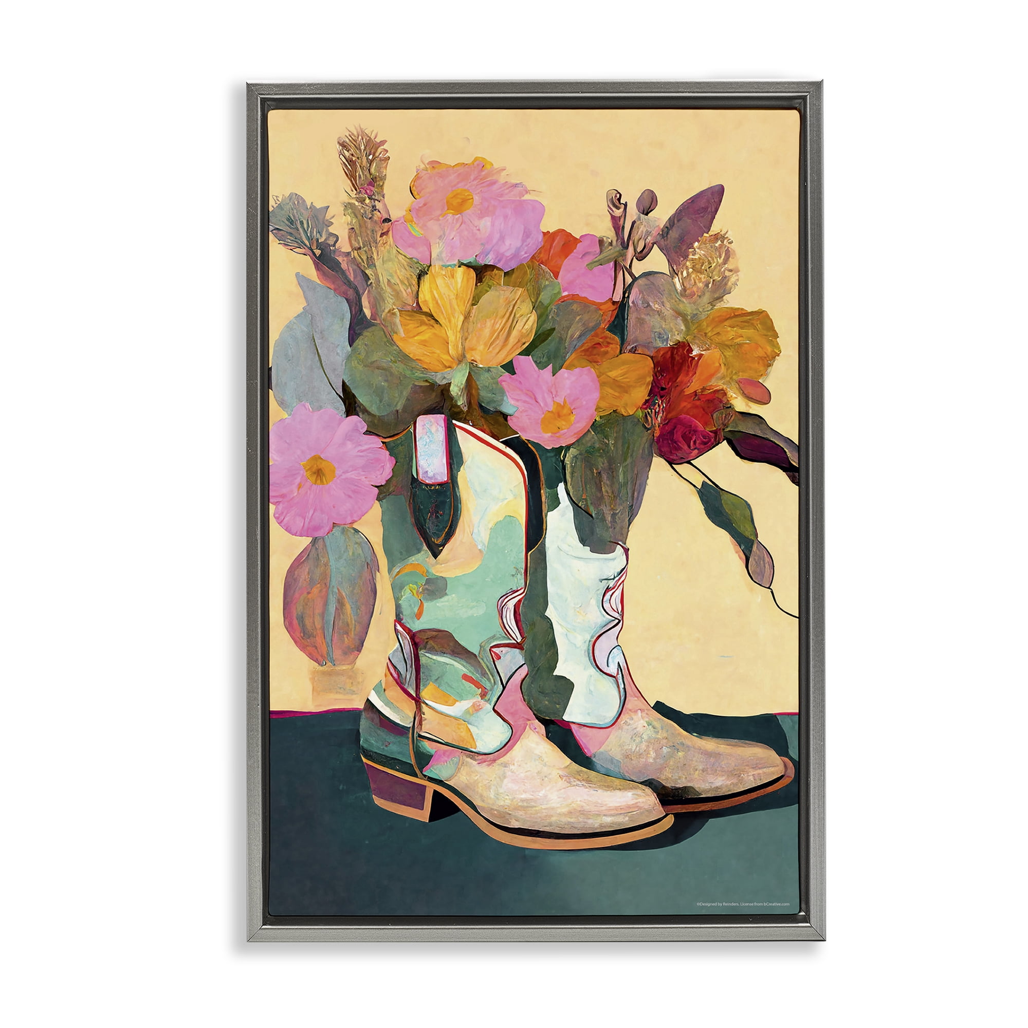 Stupell Industries Bright Cowgirl Florals Plants & Flowers Painting Gray Floater Framed Canvas Art Print Wall Art, 21 x 31