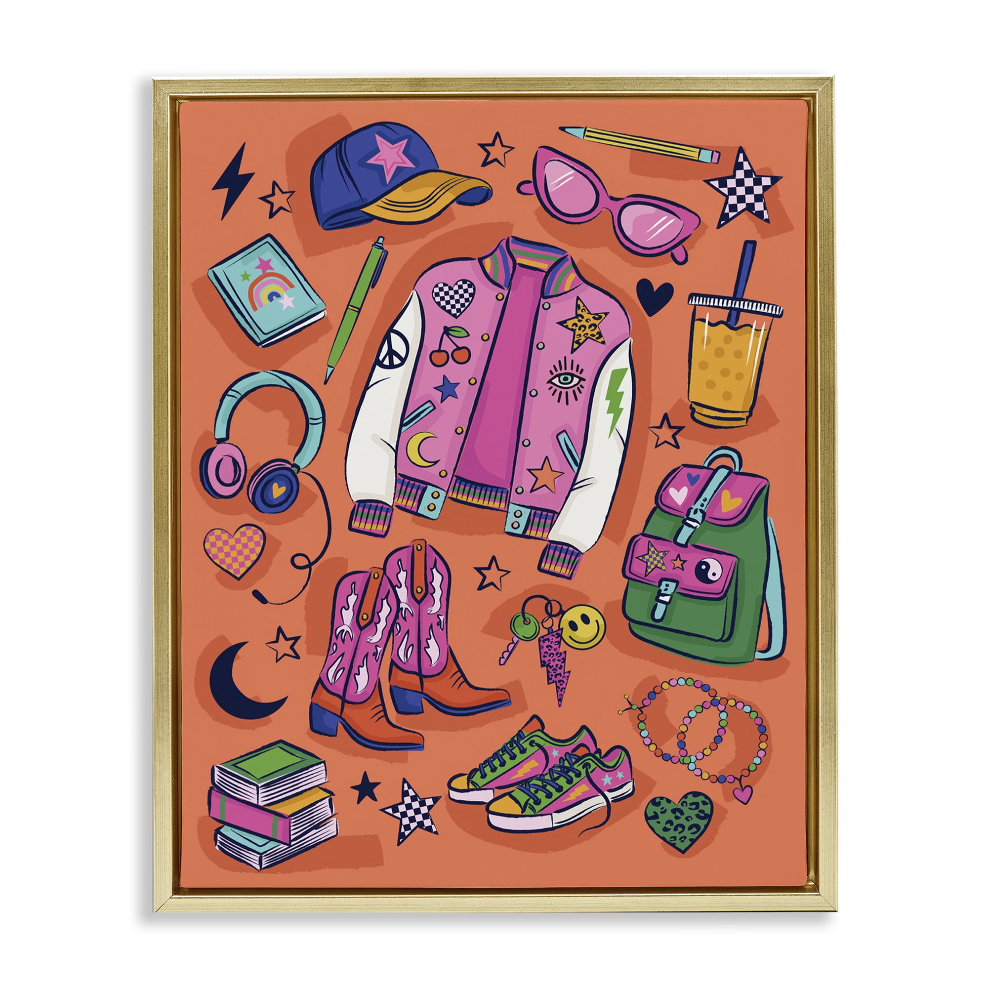 Stupell Industries Bright Fashion School Essentials Fashion Painting Gold Floater Framed Canvas Art Print Wall Art, 25 x 31