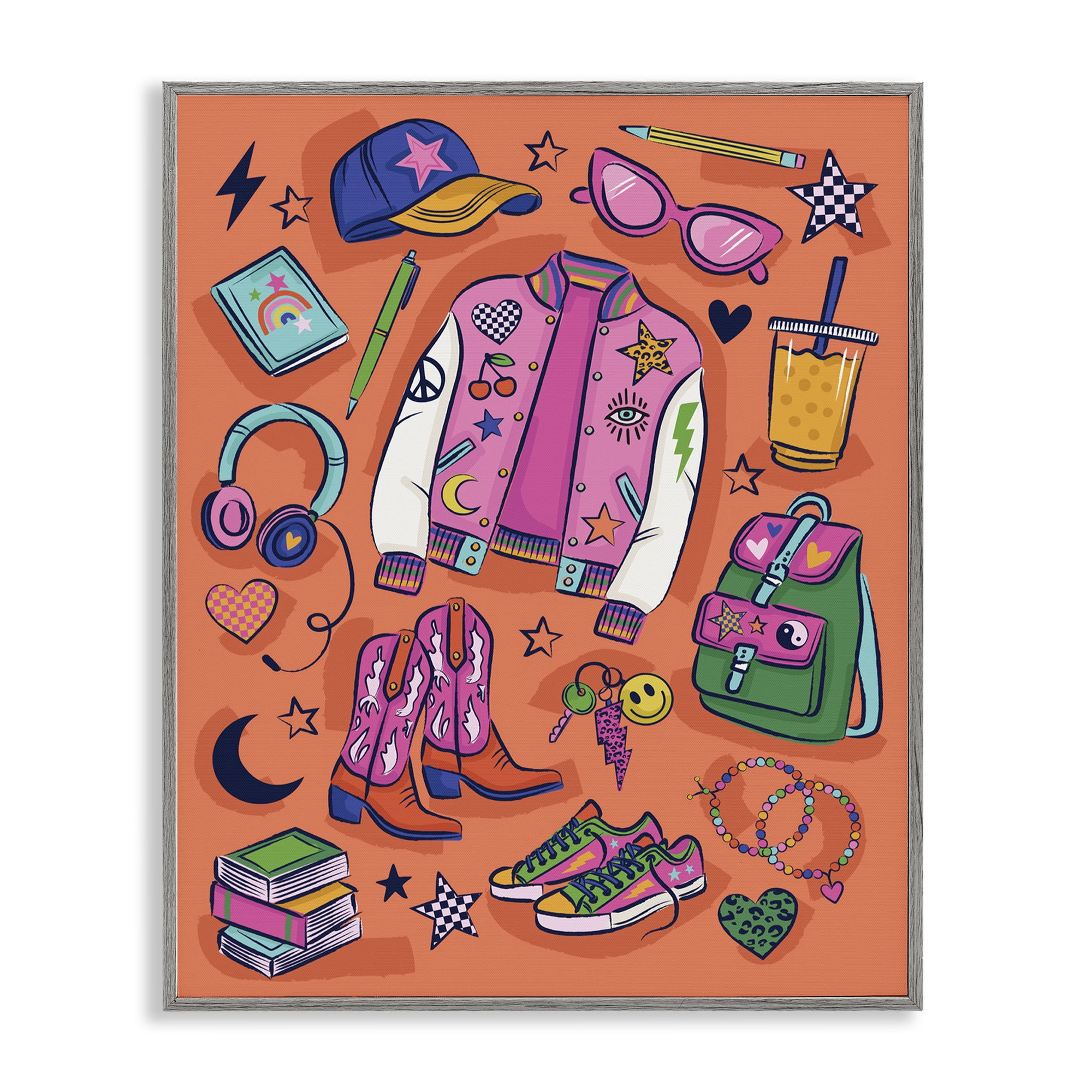 Stupell Industries Bright Fashion School Essentials Fashion Painting Gray Framed Art Print Wall Art, 11 x 14