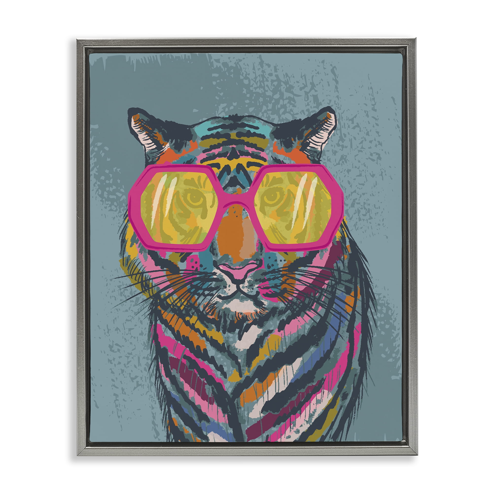 Stupell Industries Bright Fashion Tiger Animals Painting Gray Floater Framed Canvas Art Print Wall Art, 17 x 21