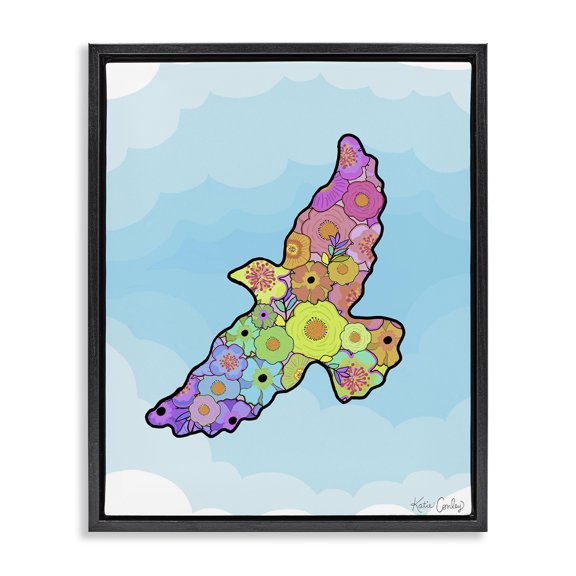 Stupell Industries Bright Floral Bird Outline Animals Painting Black Floater Framed Canvas Art Print Wall Art, 17 x 21