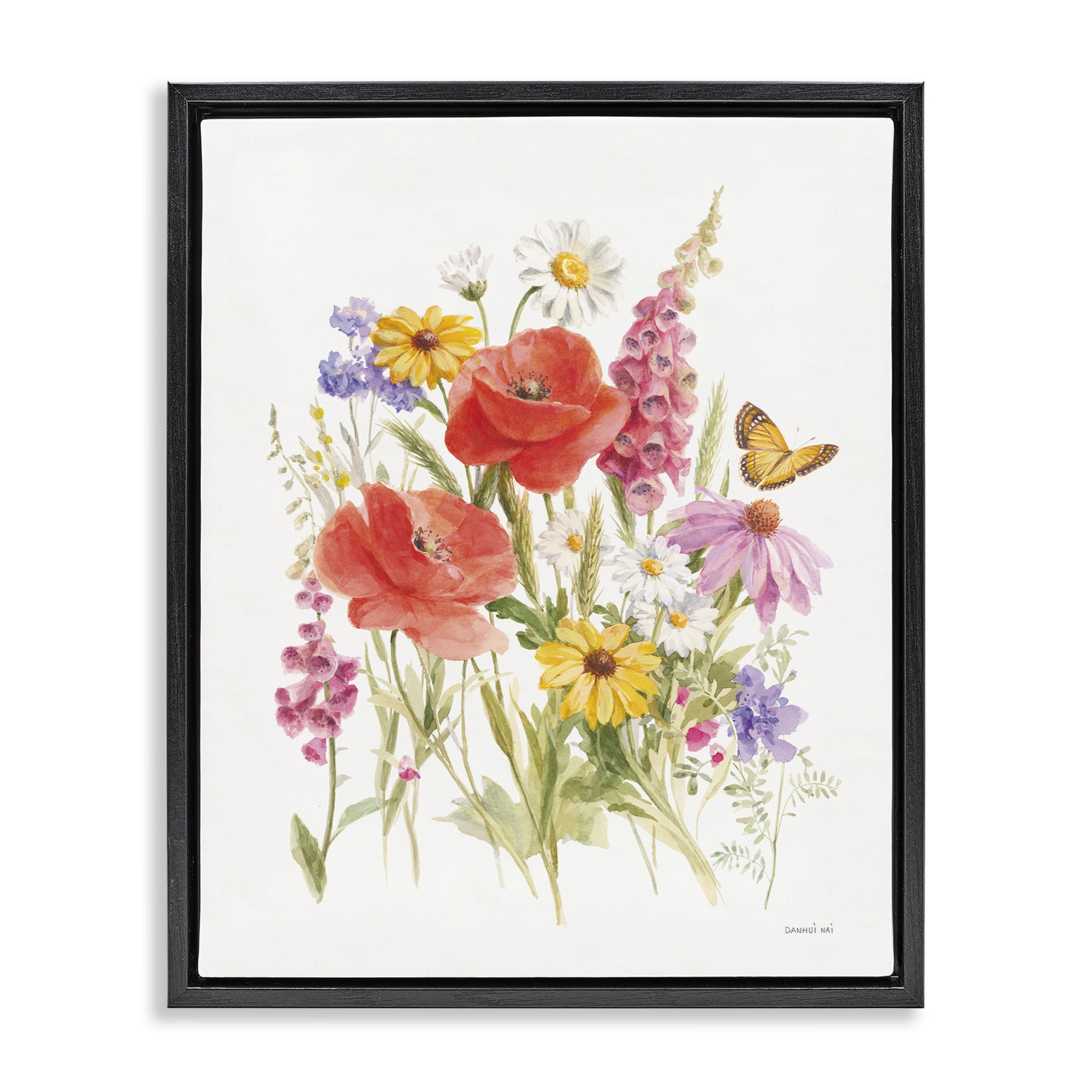 Stupell Industries Bright Flowers & Butterfly Botanical & Floral Painting Black Floater Framed Art Print Wall Art, 17 x 21
