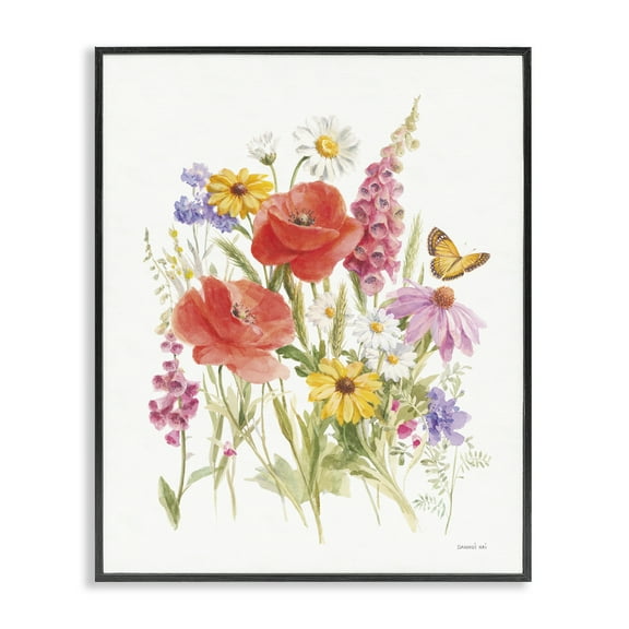 Stupell Industries Bright Flowers & Butterfly Botanical & Floral Painting Black Framed Art Print Wall Art, 11 x 14